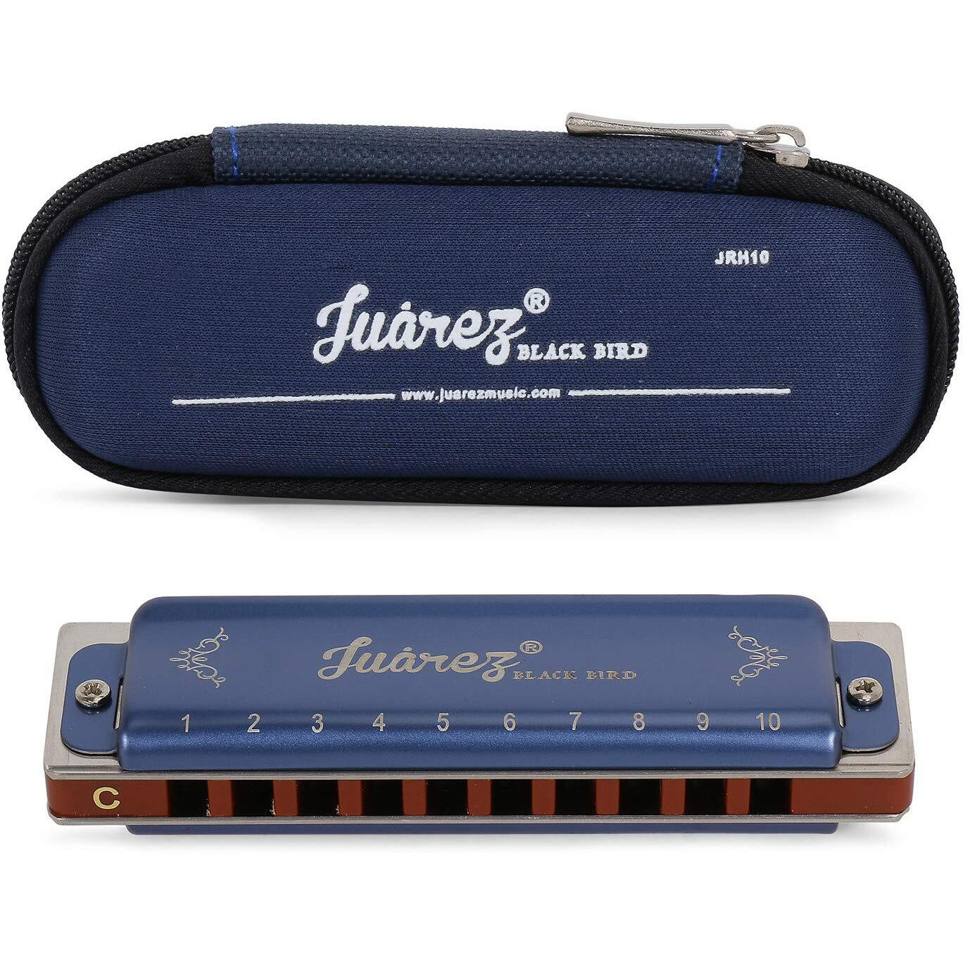 Juarez Blackbird Jrh10Bl Diatonic Professional Blues Harmonica Key Of C Scale | 10 Holes 20 Tones | Mouth Organ | Cover - Brass | Comb - Abs | Reed - Phosphor Bronze With Cloth & Case Blue