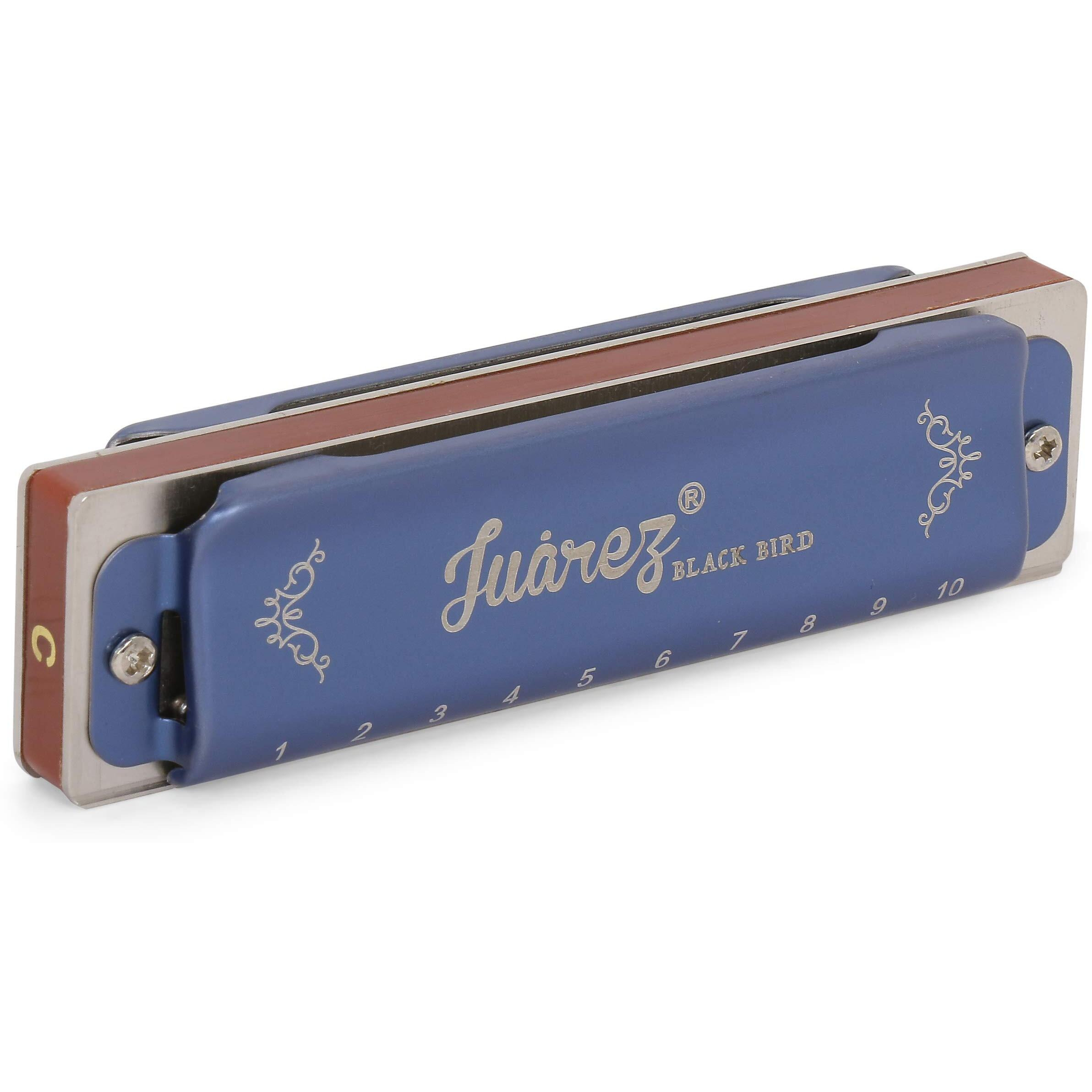 Juarez Blackbird Jrh10Bl Diatonic Professional Blues Harmonica Key Of C Scale | 10 Holes 20 Tones | Mouth Organ | Cover - Brass | Comb - Abs | Reed - Phosphor Bronze With Cloth & Case Blue