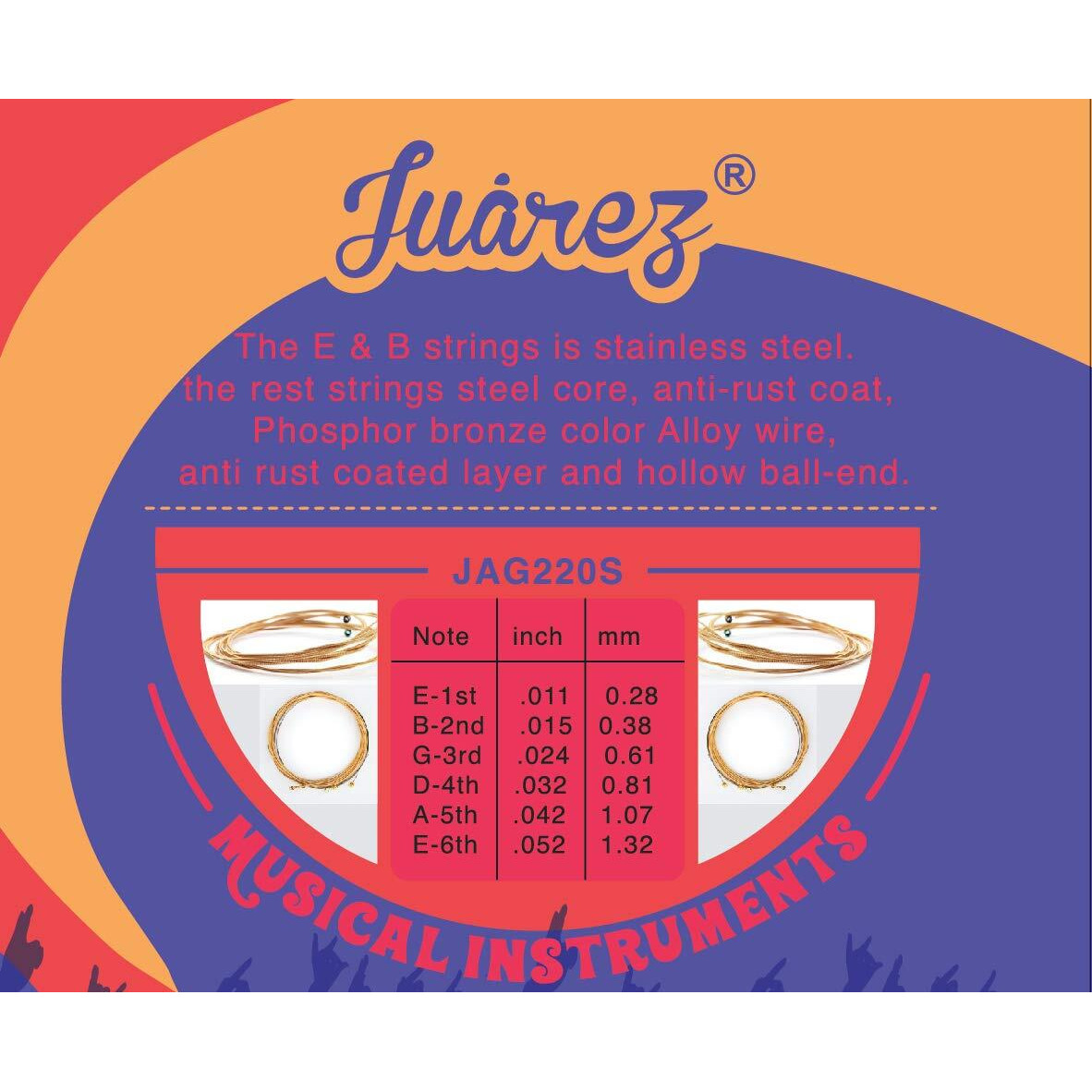 Juarez 7-Piece Phosphor Bronze Acoustic Guitar Strings Set  Extra Light Gauge, Stainless Steel E & B, Steel Core, Anti-Rust Coated, Ball-End (E-1St X 2, B-G-D-A-E X 1 Each)