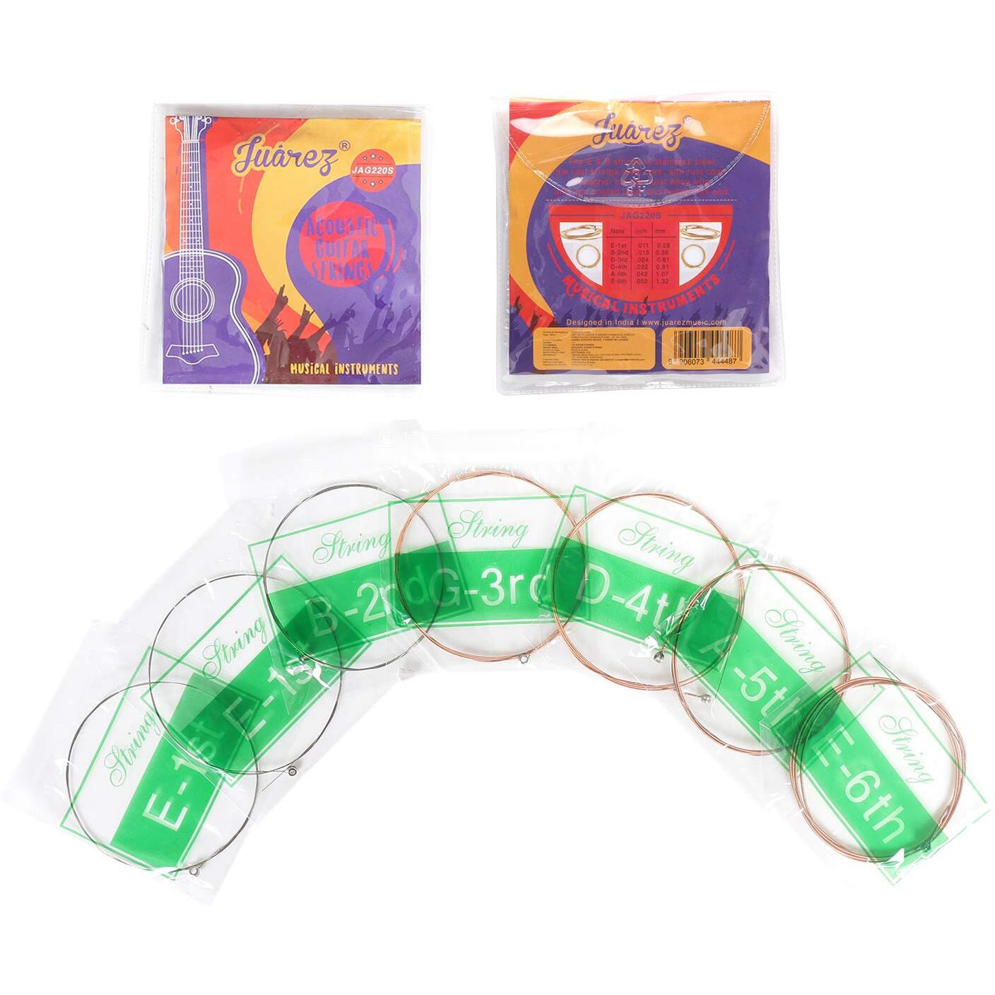 Juarez 7-Piece Phosphor Bronze Acoustic Guitar Strings Set  Extra Light Gauge, Stainless Steel E & B, Steel Core, Anti-Rust Coated, Ball-End (E-1St X 2, B-G-D-A-E X 1 Each)