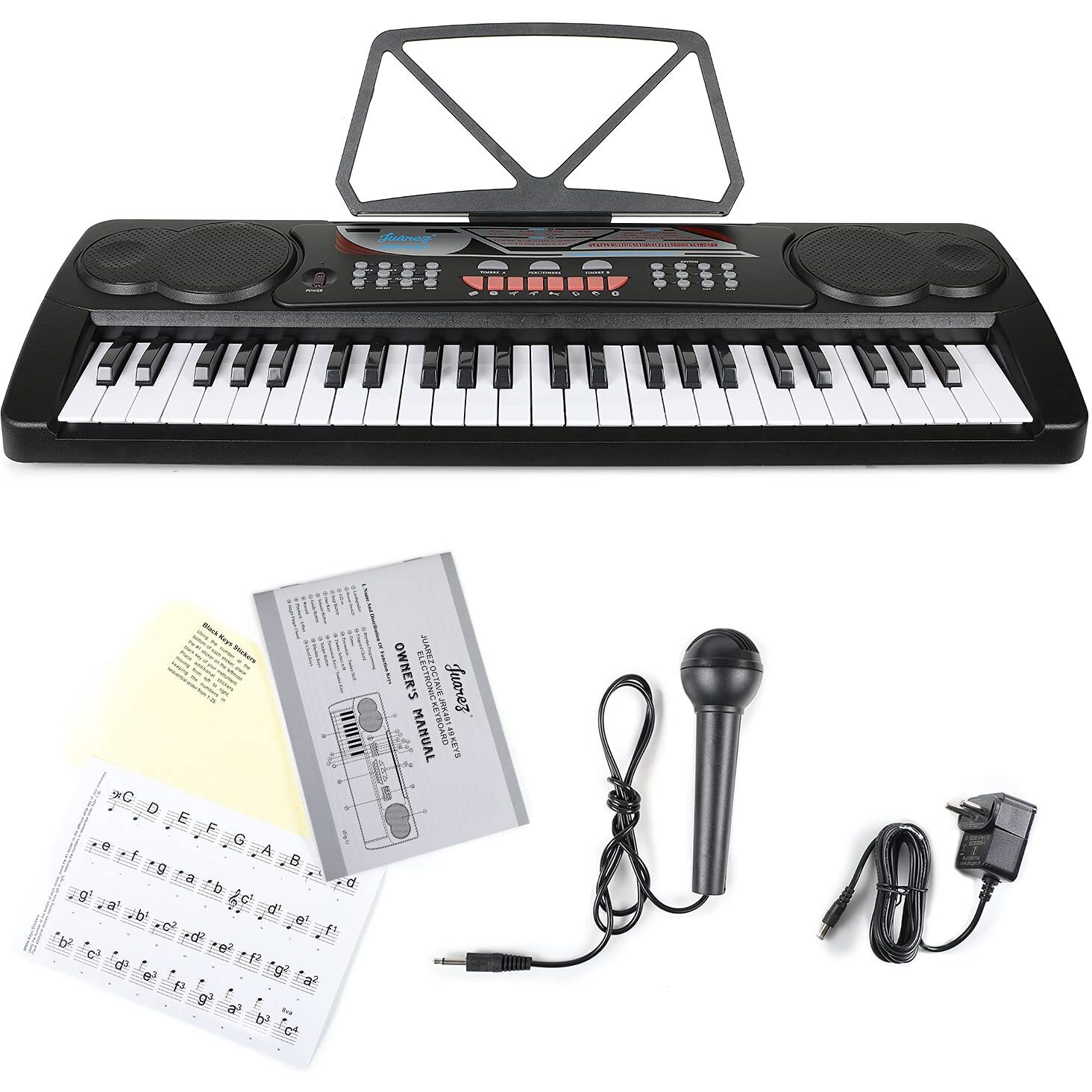 Juarez Jrk491 49-Key Electronic Keyboard Piano Kit Led Display, 100 Rhythms & Timbres, Built-In Speakers, Record Mode, 8 Demo Songs With Mic, Note Stickers, Adapter Lightweight & Portable, Black