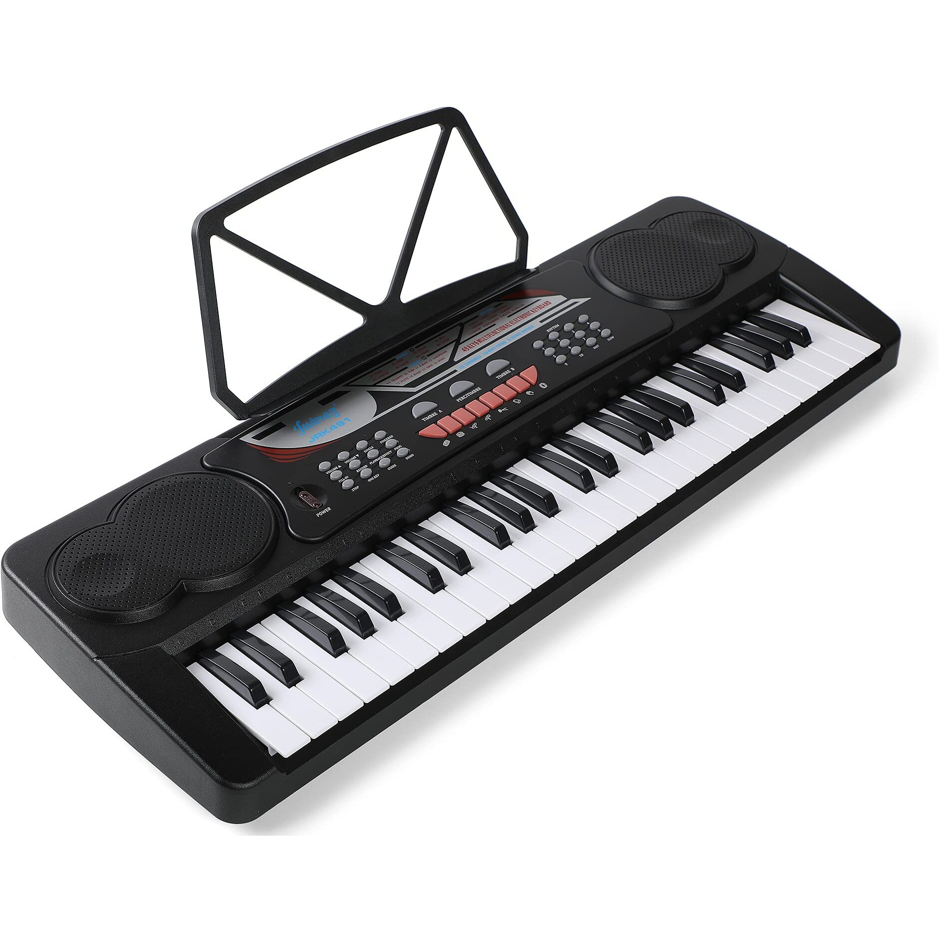 Juarez Jrk491 49-Key Electronic Keyboard Piano Kit Led Display, 100 Rhythms & Timbres, Built-In Speakers, Record Mode, 8 Demo Songs With Mic, Note Stickers, Adapter Lightweight & Portable, Black