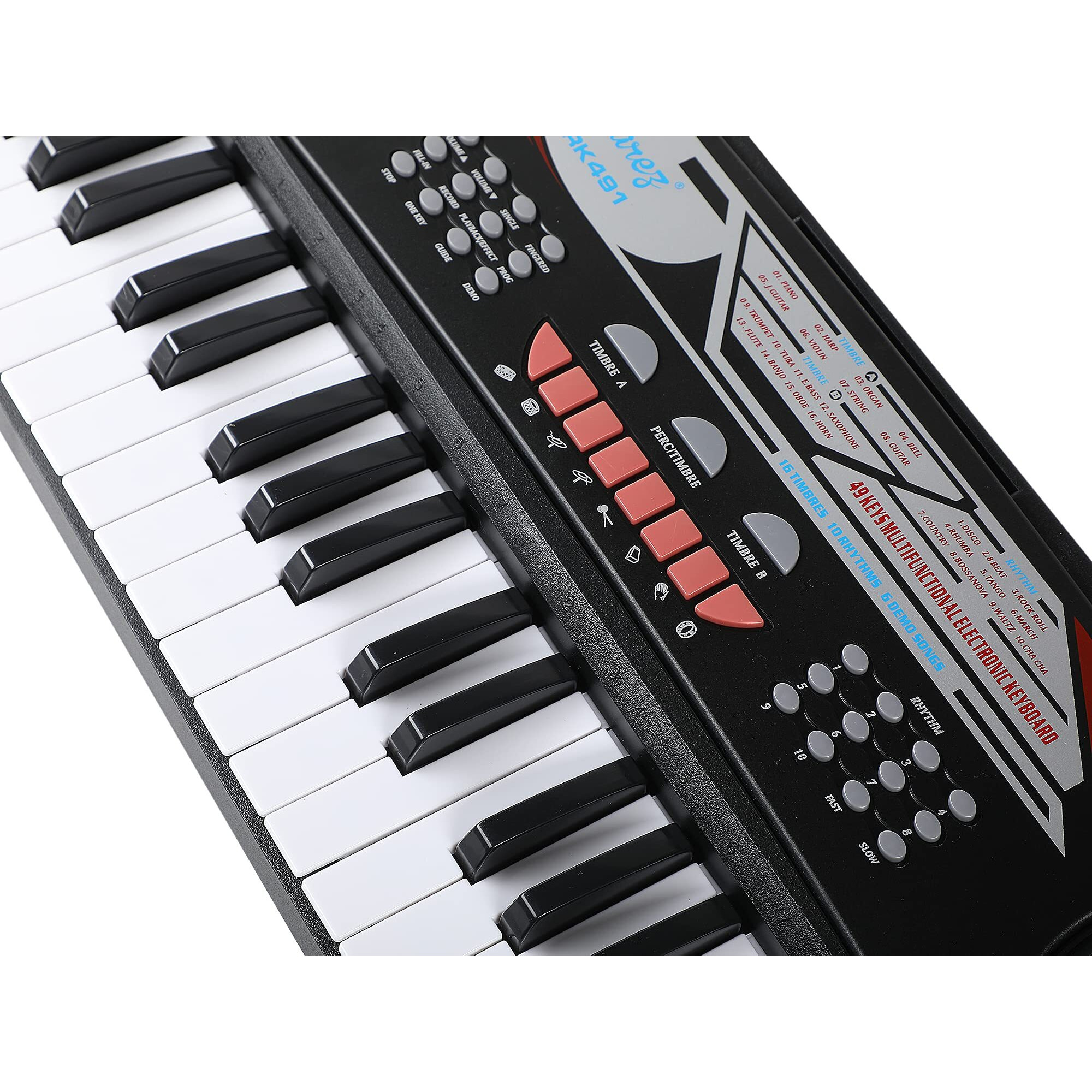 Juarez Jrk491 49-Key Electronic Keyboard Piano Kit Led Display, 100 Rhythms & Timbres, Built-In Speakers, Record Mode, 8 Demo Songs With Mic, Note Stickers, Adapter Lightweight & Portable, Black
