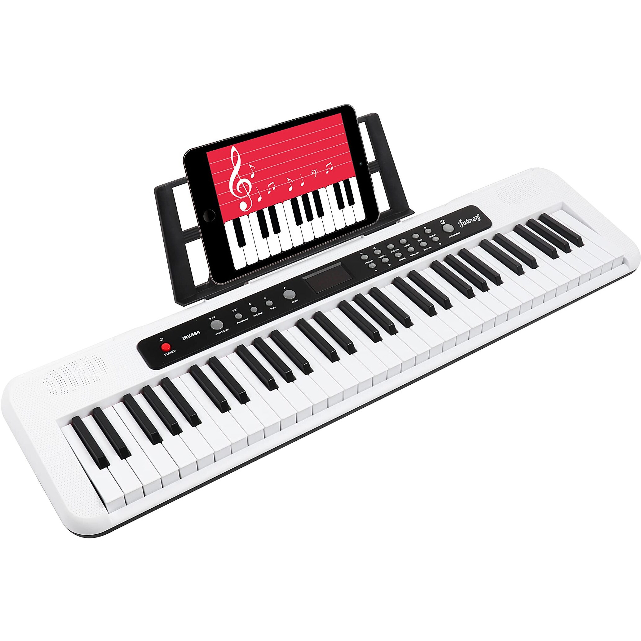 Juarez Jrk664 61-Key Electronic Keyboard  200 Rhythms, 200 Tones, 70 Demo Songs, Mic, Adapter, Keynote Stickers, Stand, Record & Play, White  Beginner Kit With Display