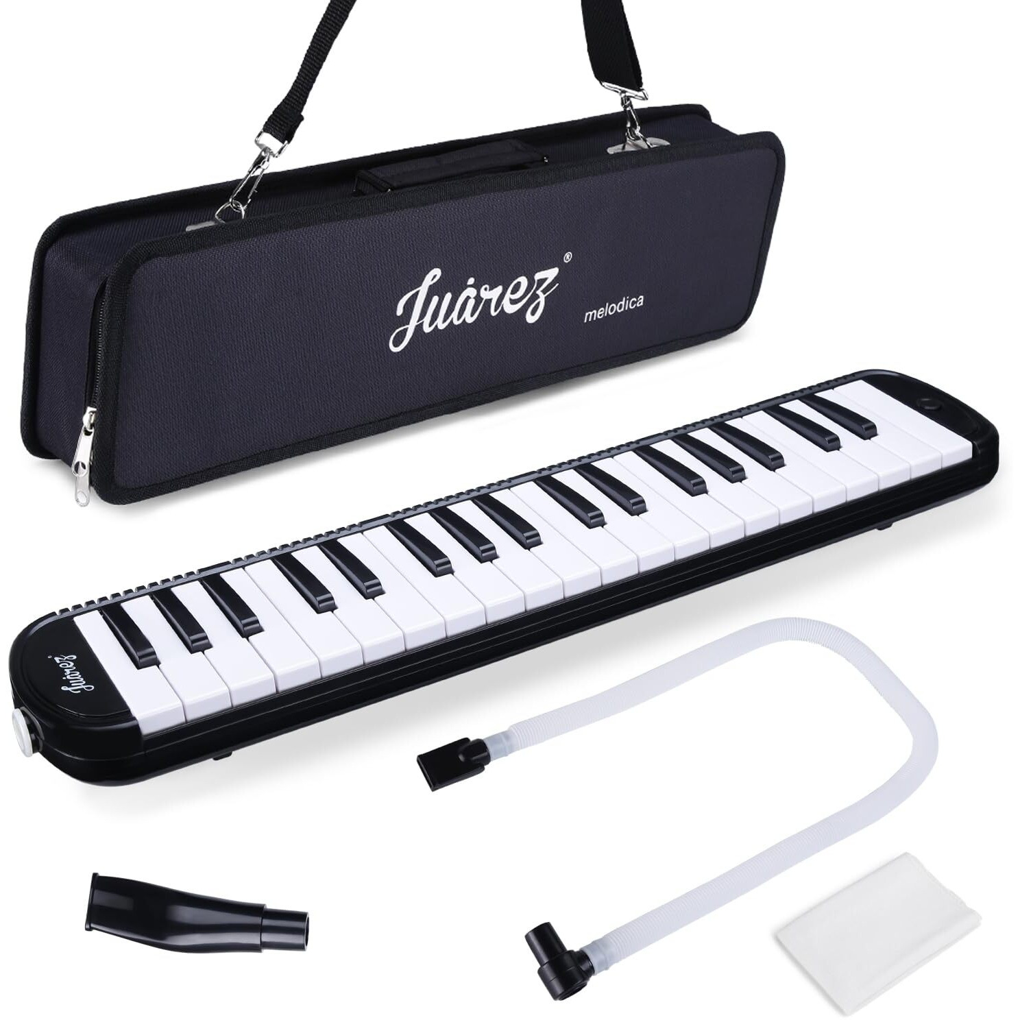 Juarez 37 Key Melodica Musical Instrument Soprano Air Piano Keyboard Pianica With Carrying Bag, 1 Soft Long Tube, 1 Mouthpiece, Wipe Cloth, Black