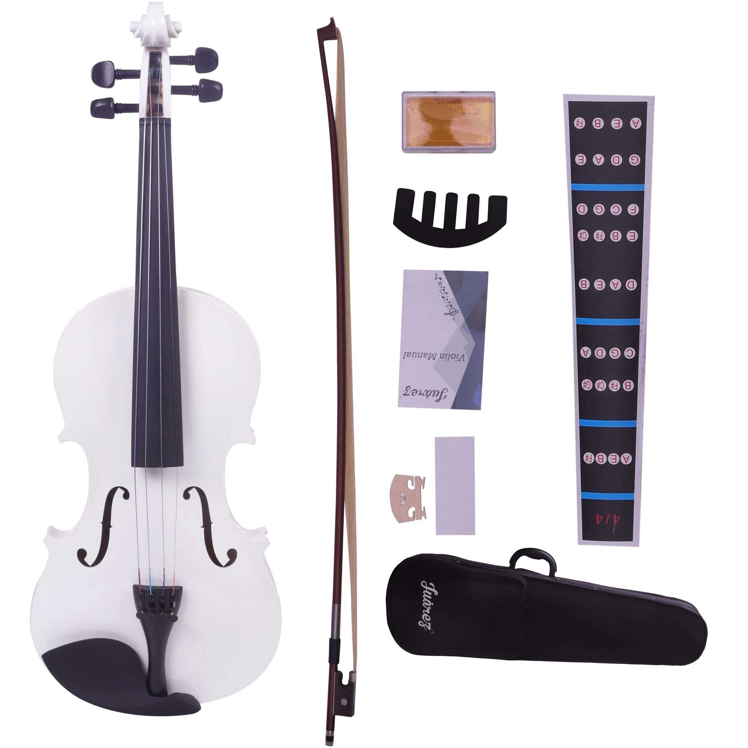 Juarez Legn Full Size 4/4 Violin Kit, Jrv100Wh With Bow, Rosin, Fretboard Sticker, Mute, Bridge, Oblong Case, White