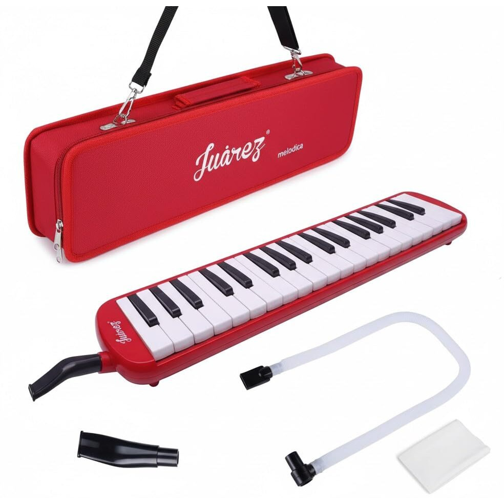 Juarez 37 Key Melodica Jmld37Rd Musical Instrument Soprano Air Piano Keyboard Pianica With Carrying Bag, 1 Soft Long Tube, 1 Mouthpiece, Wipe Cloth, Red