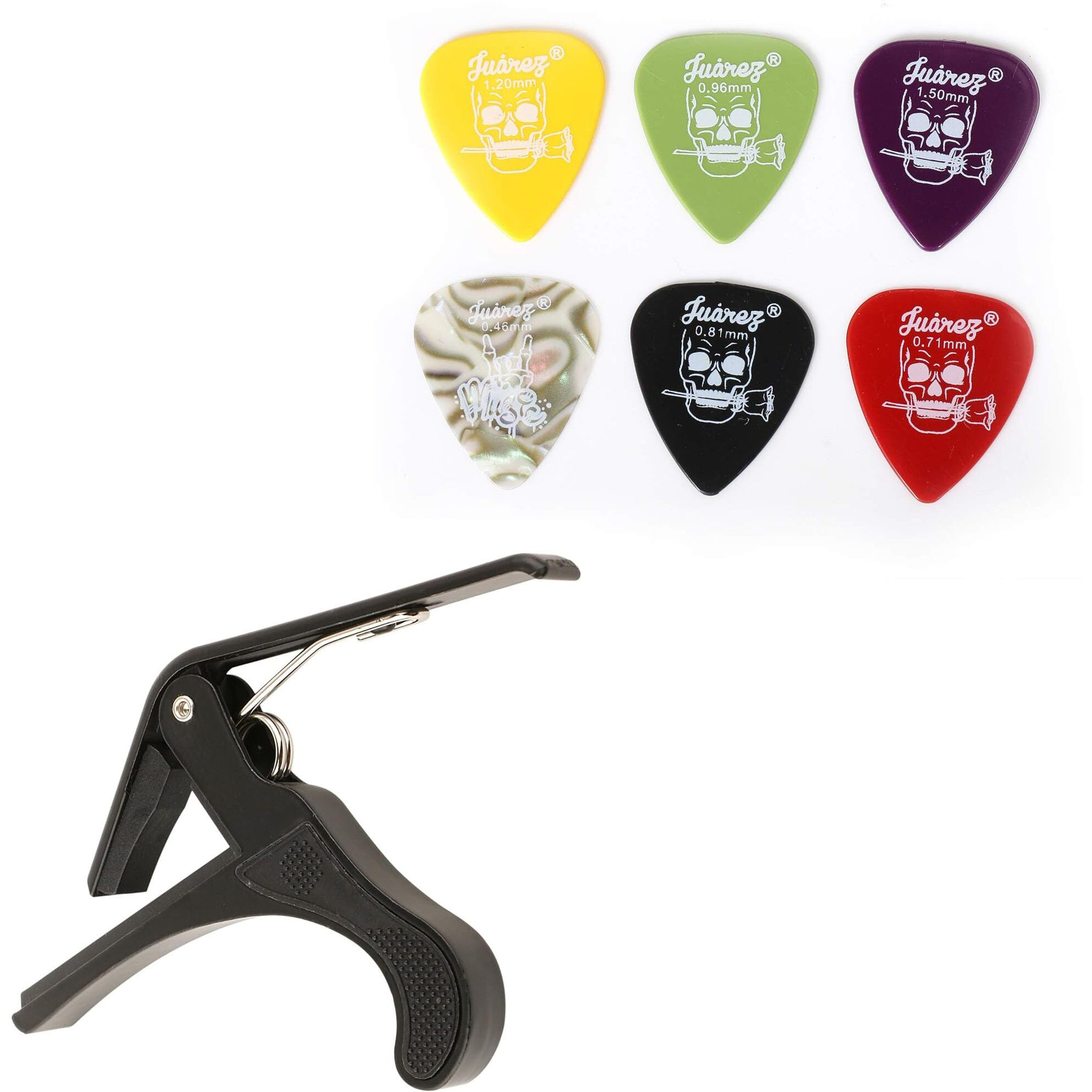 Jurez One Handed Trigger Guitar Metal Capo Quick Change Combo With Guitar Plectrums Pick Set Of Various Thickness, 6 Pieces (Celluloid + Abs), Colours Random