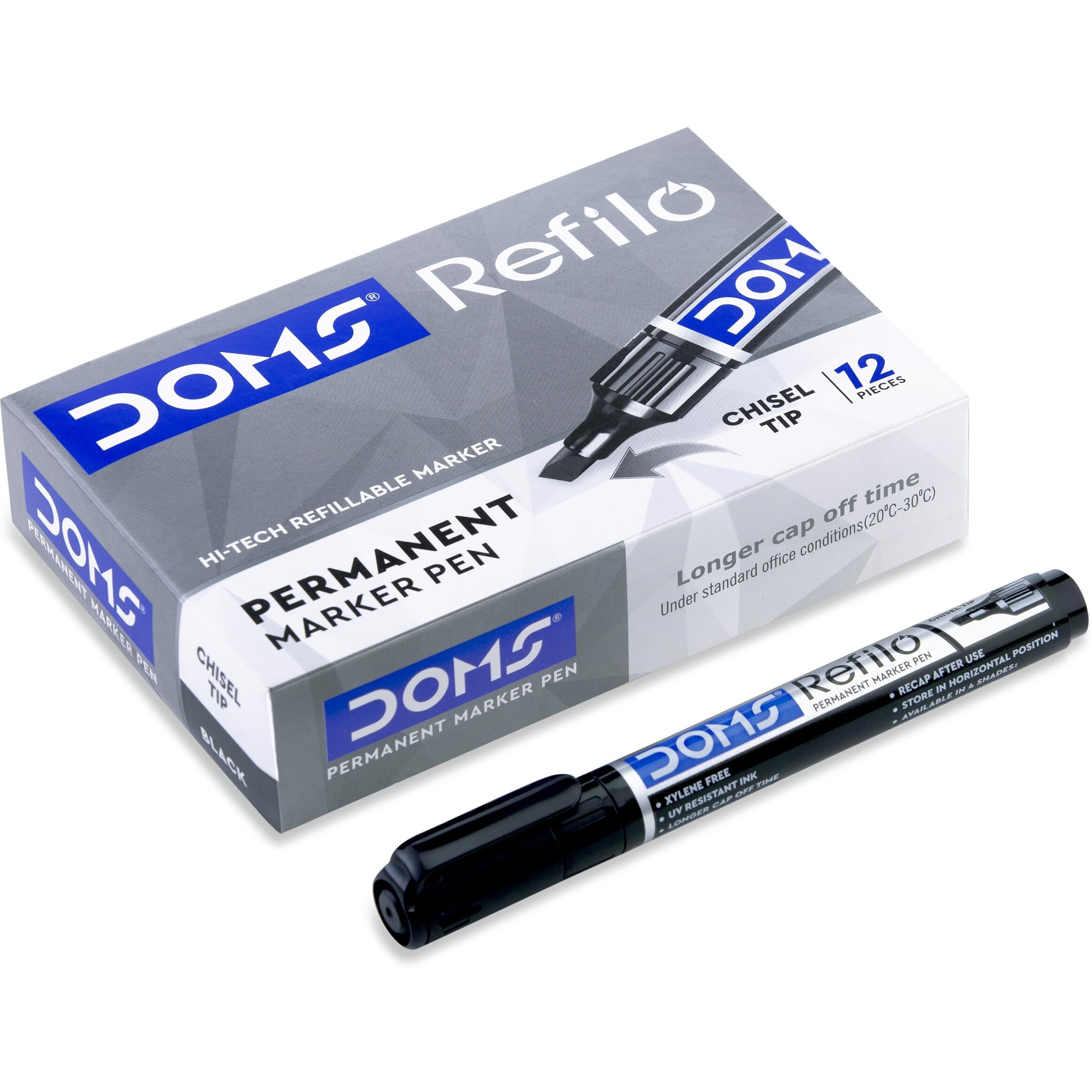 Doms Refilo Permanent Marker Pen | Non -Toxic |Hi-Tech Refillable With Japnese Bullet Tip (Pack Of 10) Black Ink