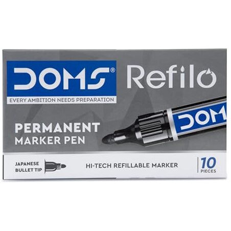 Doms Refilo Permanent Marker Pen | Non -Toxic |Hi-Tech Refillable With Japnese Bullet Tip (Pack Of 10) Black Ink