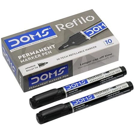 Doms Refilo Permanent Marker Pen | Non -Toxic |Hi-Tech Refillable With Japnese Bullet Tip (Pack Of 10) Black Ink