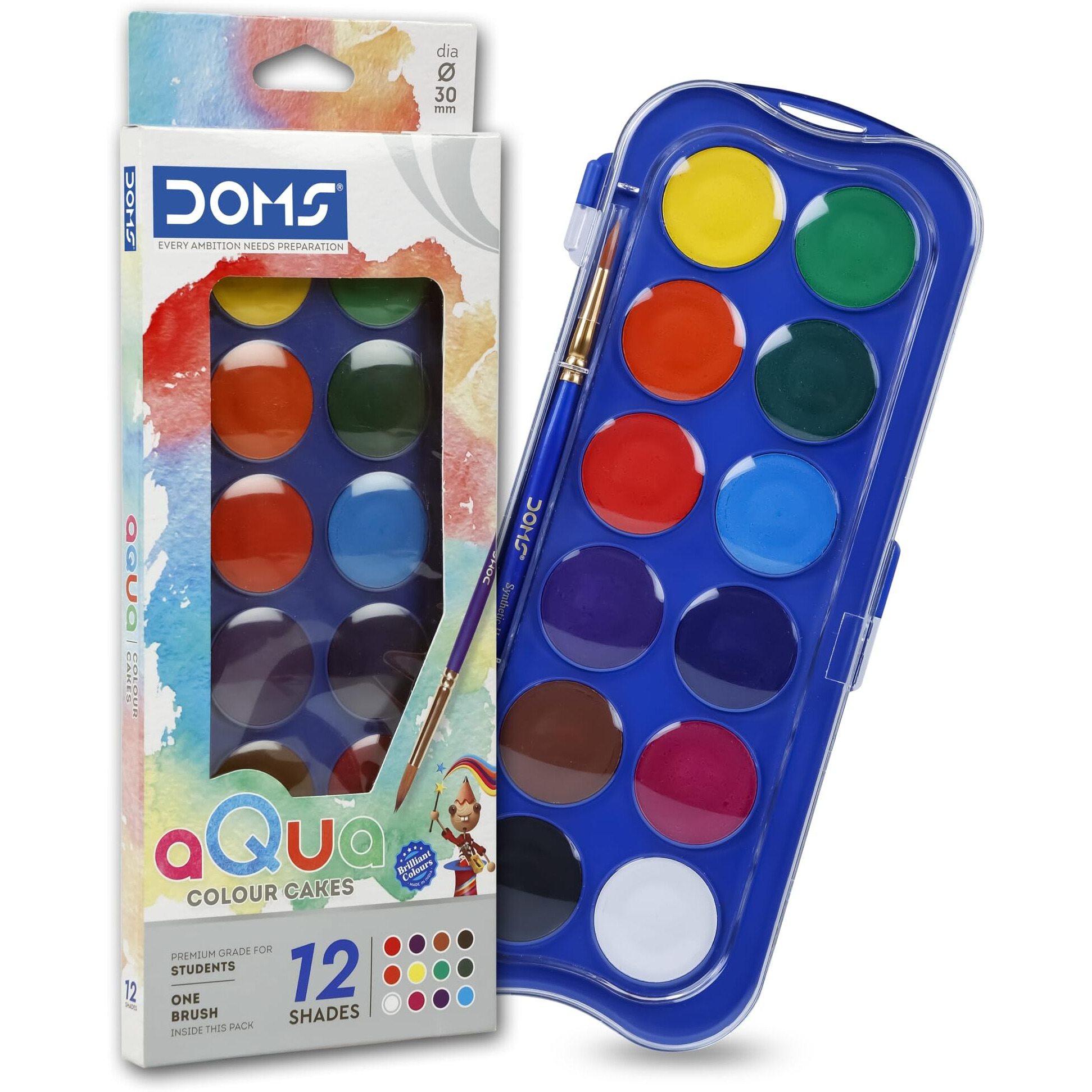 Doms 12 Shades 30Mm Water Colour Cakes | Easy To Use Palette Lid | Organic Rich Colour Pigments | Free Brush Inside | Non-Toxic & Safe For Kids | Pack Of 1