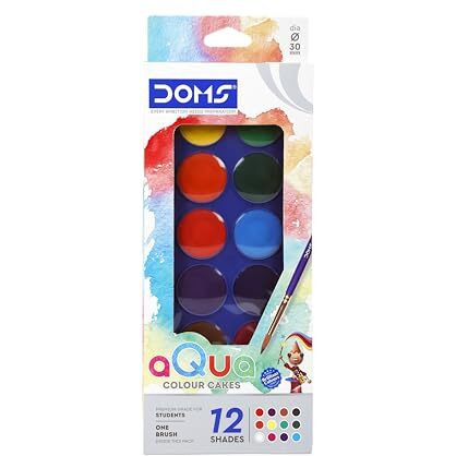 Doms 12 Shades 30Mm Water Colour Cakes | Easy To Use Palette Lid | Organic Rich Colour Pigments | Free Brush Inside | Non-Toxic & Safe For Kids | Pack Of 1