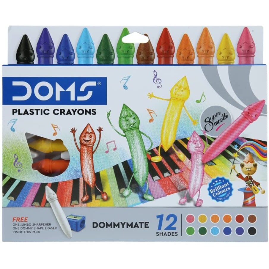 Doms 12 Shades Dommymate Plastic Crayons | Can Be Erased & Sharped | Keep Fingers Clean & Non Messy | Free Sharpner & Eraser Inside | Bright & Vibrant Colors | Pack Of 1