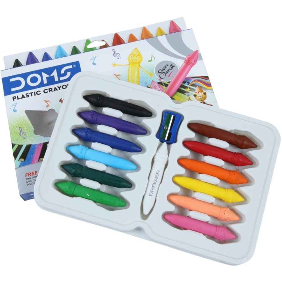 Doms 12 Shades Dommymate Plastic Crayons | Can Be Erased & Sharped | Keep Fingers Clean & Non Messy | Free Sharpner & Eraser Inside | Bright & Vibrant Colors | Pack Of 1