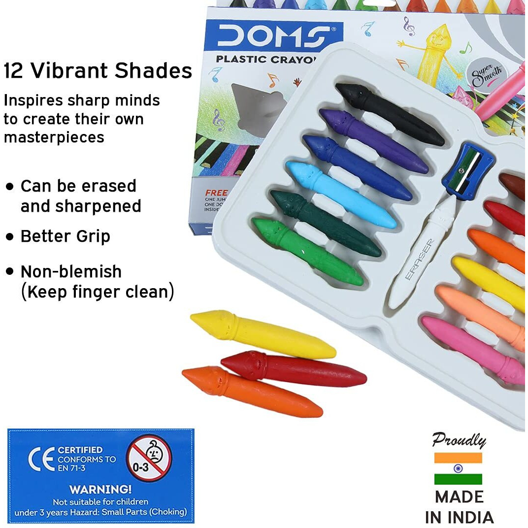 Doms 12 Shades Dommymate Plastic Crayons | Can Be Erased & Sharped | Keep Fingers Clean & Non Messy | Free Sharpner & Eraser Inside | Bright & Vibrant Colors | Pack Of 1
