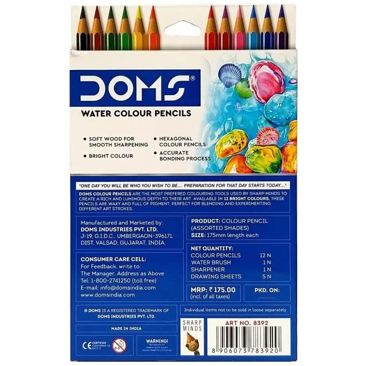 Doms Super Soft Hexagonal Pre-Sharpened Water Soluble Colour Pencils | Free Watercolor Paper, Sharpener & Water Brush | 3.3Mm Watercolor Lead | 12 Shades | Pack Of 1