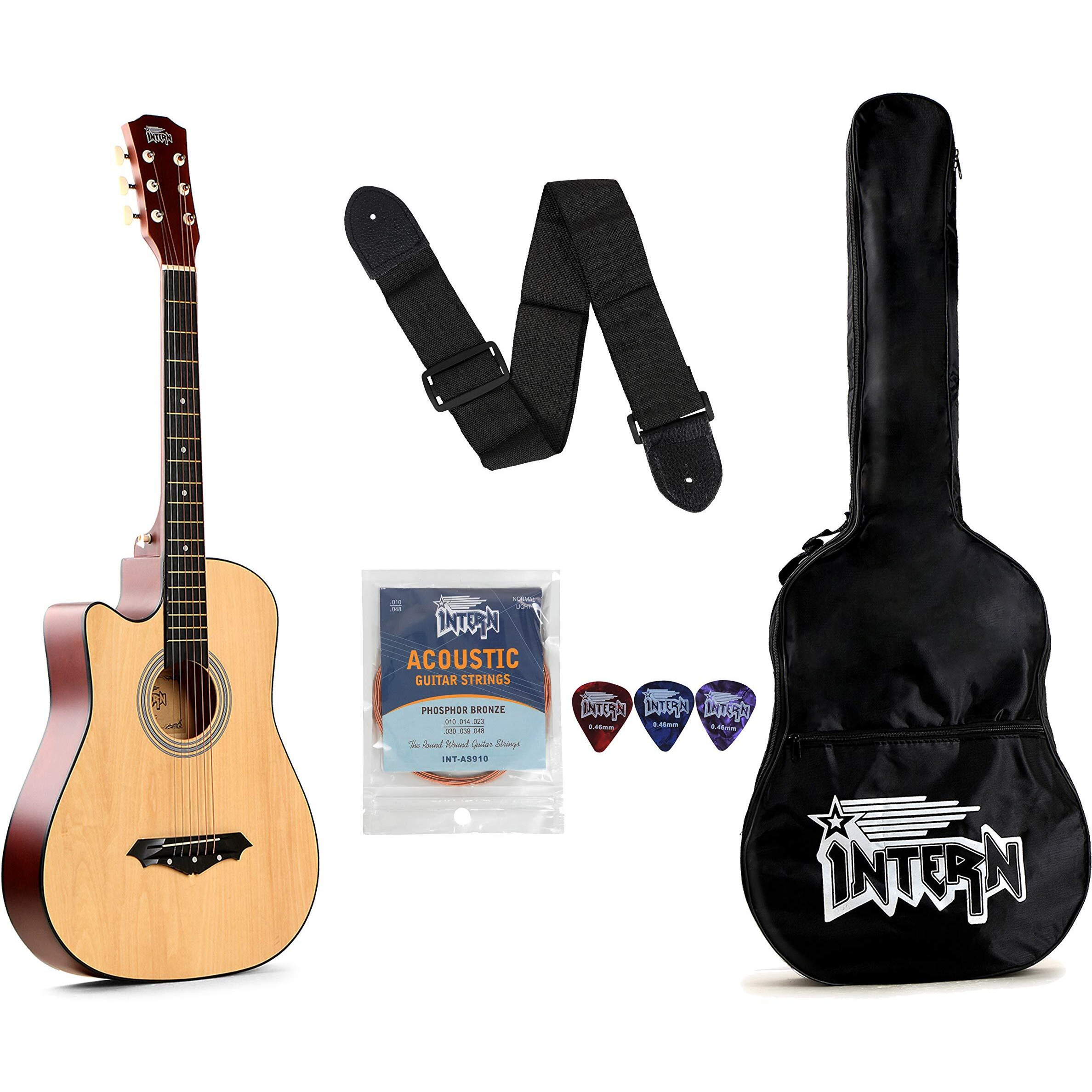 Intern Int-38C-L-Nt Left Hand Acoustic Guitar Kit (Natural) With Carry Bag, String Set, Picks And Strap