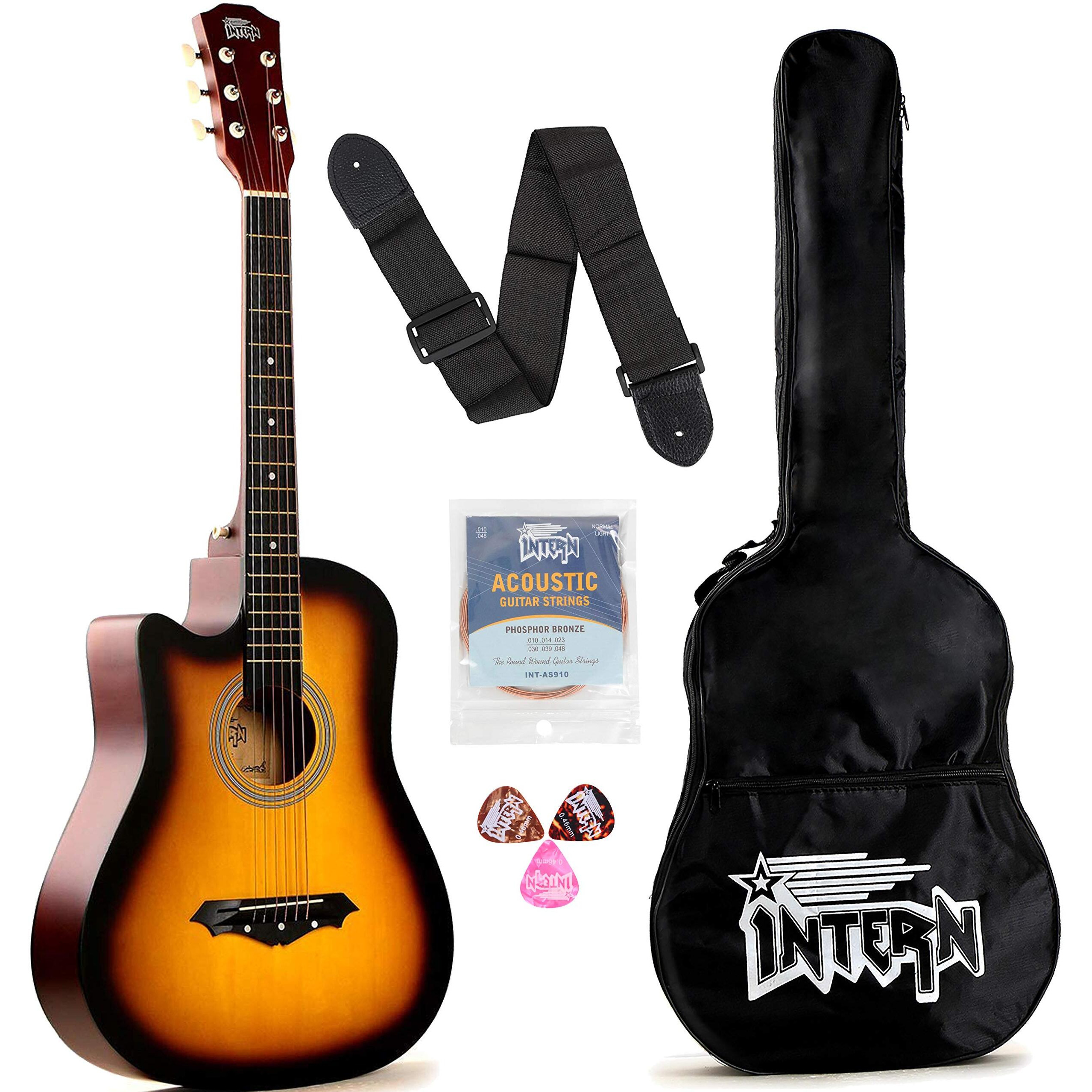 Intern Int-38C-L-Sb Left Hand Acoustic Guitar Kit, With Bag, Strings, Pick And Strap (Sunburst)