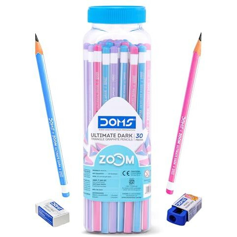 Doms Zoom Ultimate Dark Triangle Pencil | Jar Pack, 30 Pieces | Contains Pencils, Sharpener, Eraser & Scale, Multicoloured, Pack Of 1 (Dm7274)