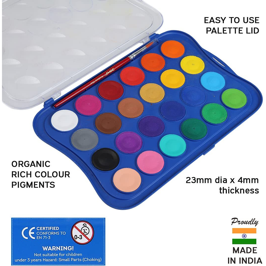 Doms 24 Shades 23Mm Water Colour Cakes | Easy To Use Palette Lid | Organic Rich Colour Pigments | Free Brush Inside | Non-Toxic & Safe For Kids | Pack Of 1