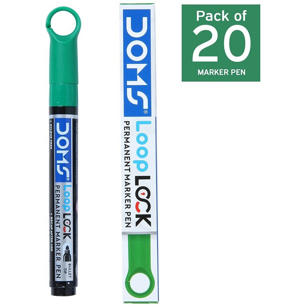 Doms Refilo Non-Toxic Hi-Tech Refillable Loop Lock Permanent Ink Pens (Green X 20 Set)