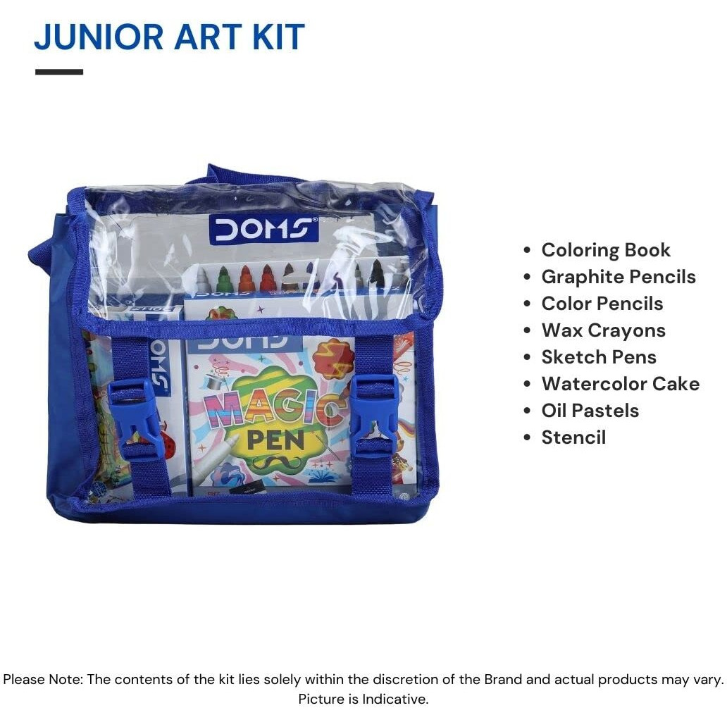 Doms Jonior Art Kit | Comes With Transparent Zipper Bag | Perfect Value Pack | Kit For School Essentials | Gifting Range For Kids | Combination Of 8 Stationery Items