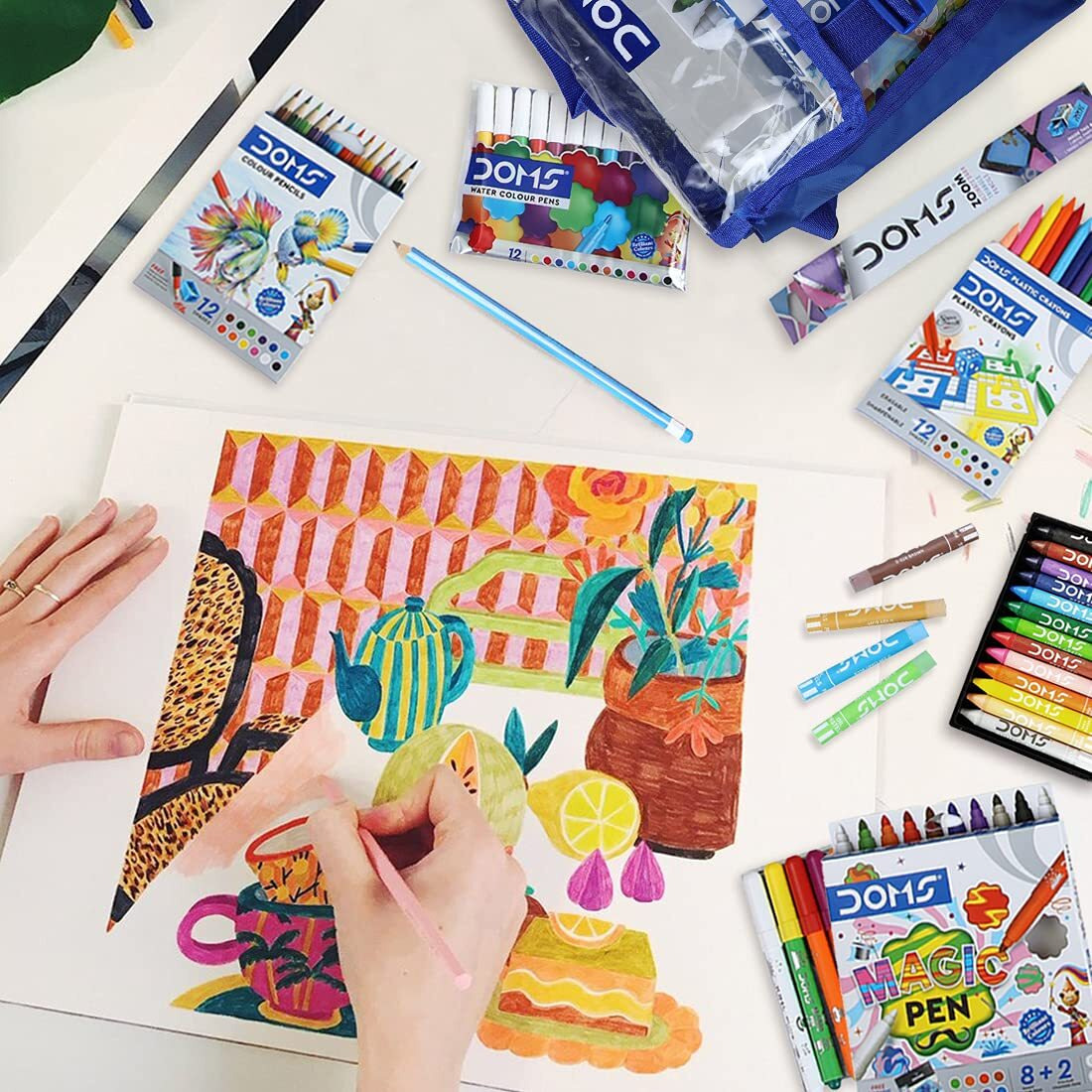 Doms Jonior Art Kit | Comes With Transparent Zipper Bag | Perfect Value Pack | Kit For School Essentials | Gifting Range For Kids | Combination Of 8 Stationery Items