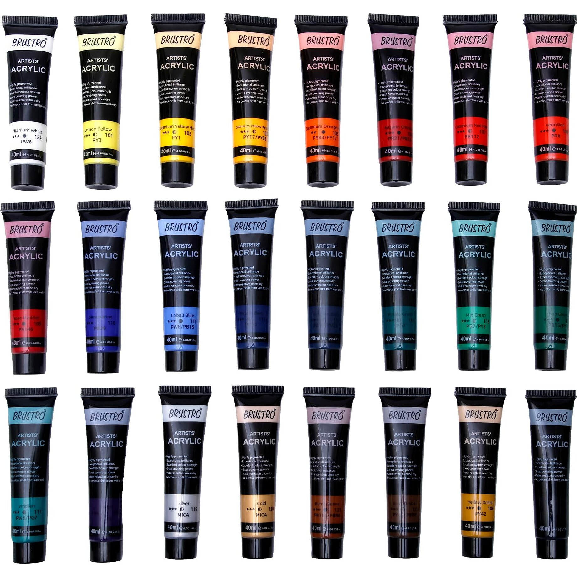 Brustro Artists Acrylic Colour Paint - Set Of 24, 40Ml Color Tubes | Vibrant Shades,Soft Bodied,Water-Based,Non-Toxic,Inter-Mixable,Ideal For Paper,Canvas,Cardboard, Fine Art Students,Professionals