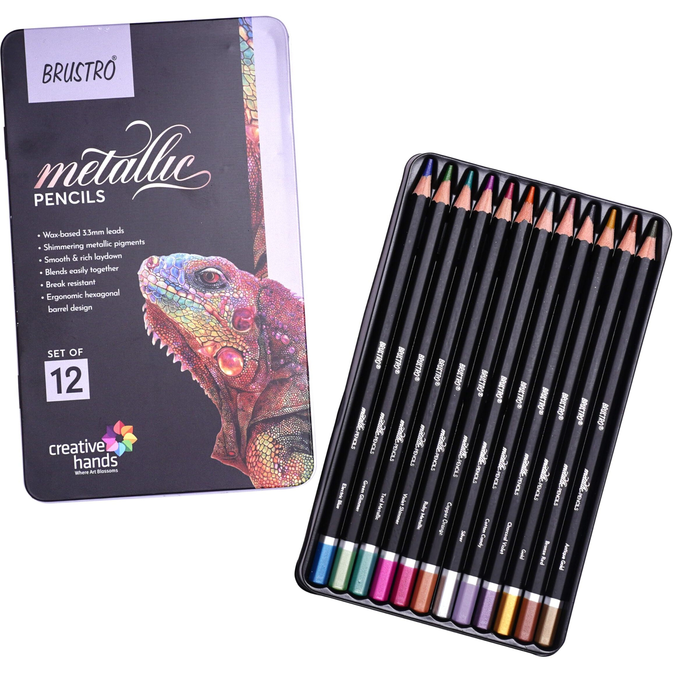 Brustro Artist Metallic Colour Pencil Set Of 12 Shades, 3.3Mm Lead | Wax-Based, Ergonommic, Break Resistant, Easy Blending, Non-Toxic Colors, Ideal For Fine Art And Craft.