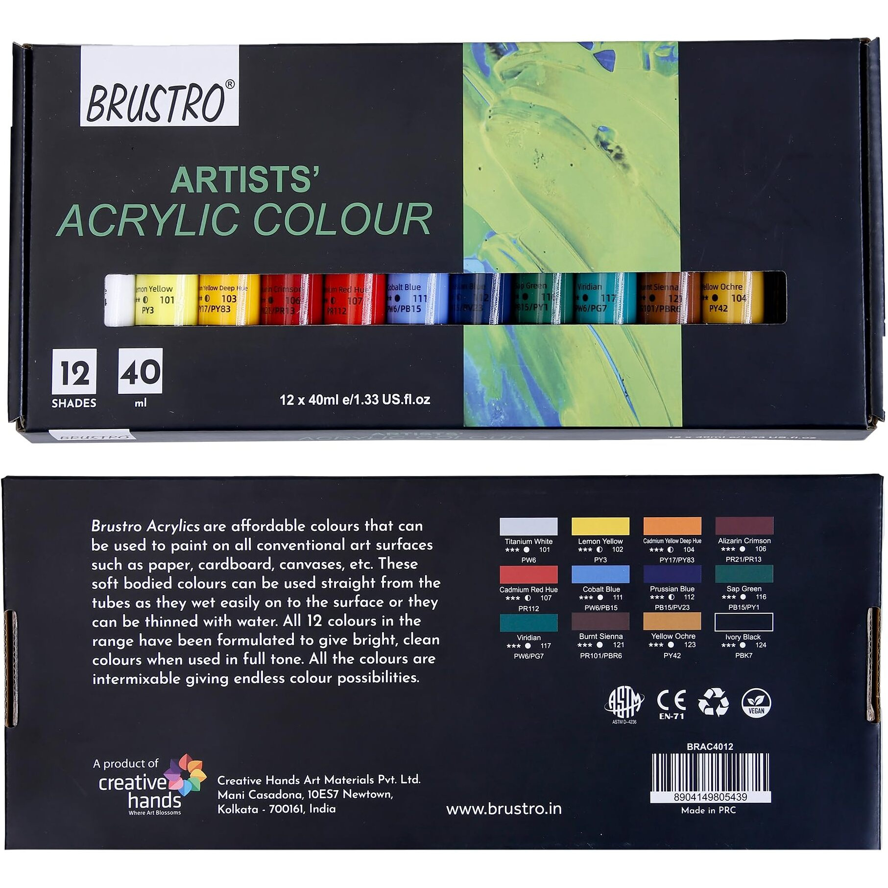 Brustro Artists Acrylic Colour Paint - Set Of 12, 40Ml Color Tubes | Vibrant Shades,Soft Bodied,Water-Based,Non-Toxic,Inter-Mixable,Ideal For Paper,Canvas,Cardboard, Fine Art Students,Professionals