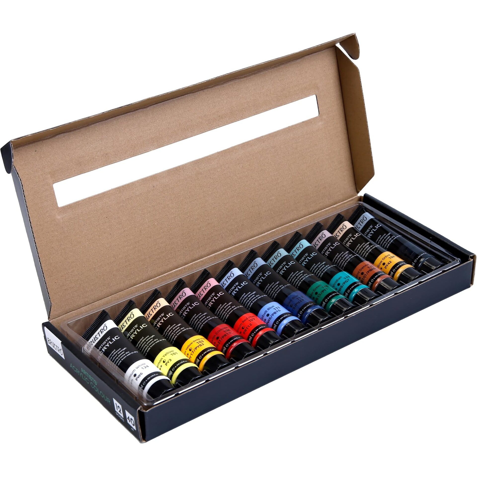 Brustro Artists Acrylic Colour Paint - Set Of 12, 40Ml Color Tubes | Vibrant Shades,Soft Bodied,Water-Based,Non-Toxic,Inter-Mixable,Ideal For Paper,Canvas,Cardboard, Fine Art Students,Professionals