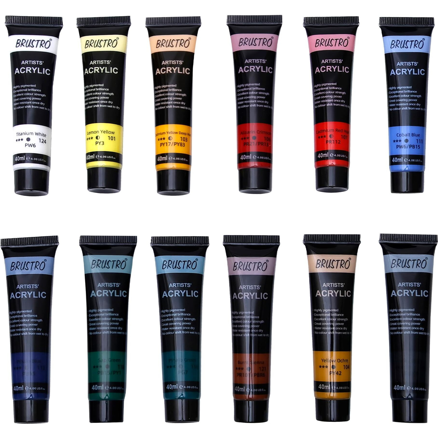 Brustro Artists Acrylic Colour Paint - Set Of 12, 40Ml Color Tubes | Vibrant Shades,Soft Bodied,Water-Based,Non-Toxic,Inter-Mixable,Ideal For Paper,Canvas,Cardboard, Fine Art Students,Professionals