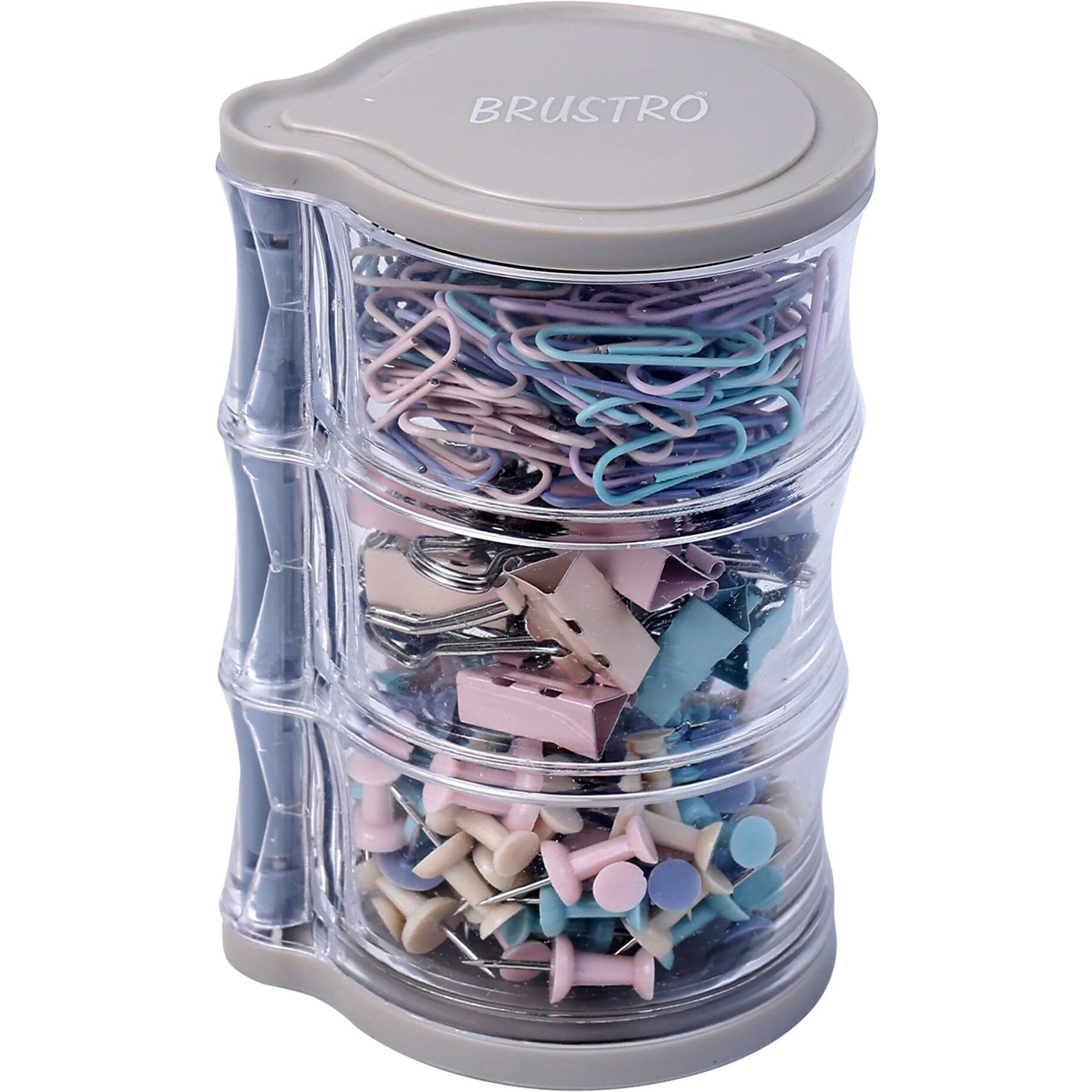 Brustro Deskmate Rotational Clip Box | Includes 14 Binder Clips(19Mm), 120 Paper Clips(28Mm) & 90 Push Pins | Ideal For Home,Office Accessories,Desk