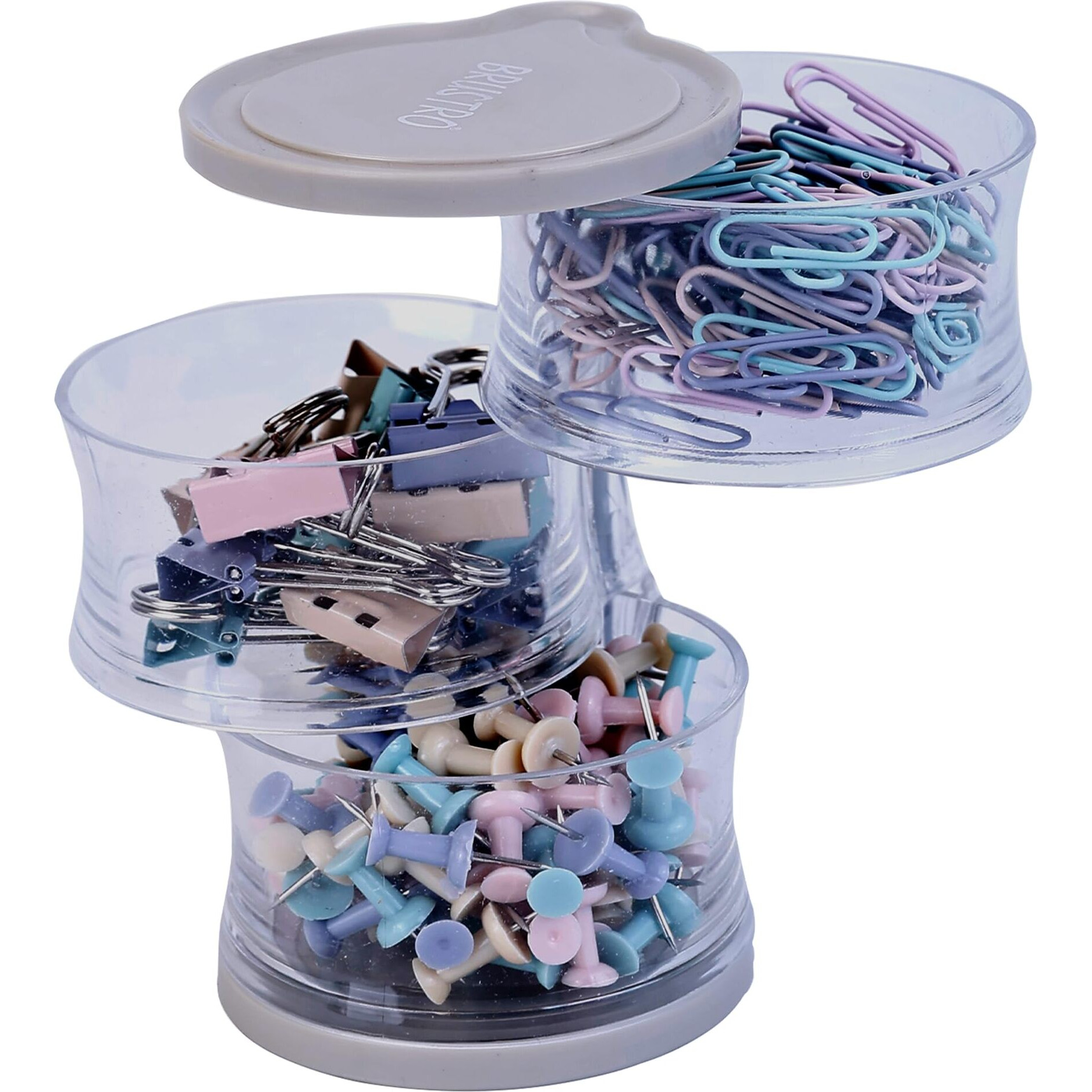 Brustro Deskmate Rotational Clip Box | Includes 14 Binder Clips(19Mm), 120 Paper Clips(28Mm) & 90 Push Pins | Ideal For Home,Office Accessories,Desk