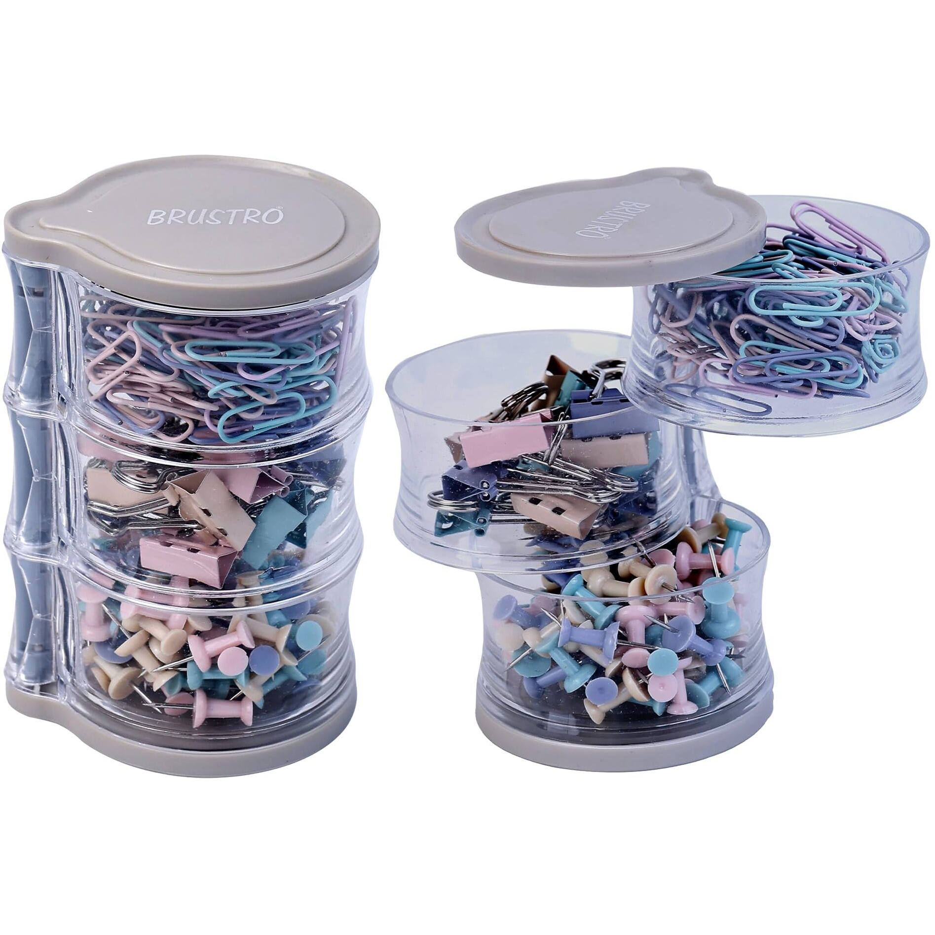 Brustro Deskmate Rotational Clip Box | Includes 14 Binder Clips(19Mm), 120 Paper Clips(28Mm) & 90 Push Pins | Ideal For Home,Office Accessories,Desk