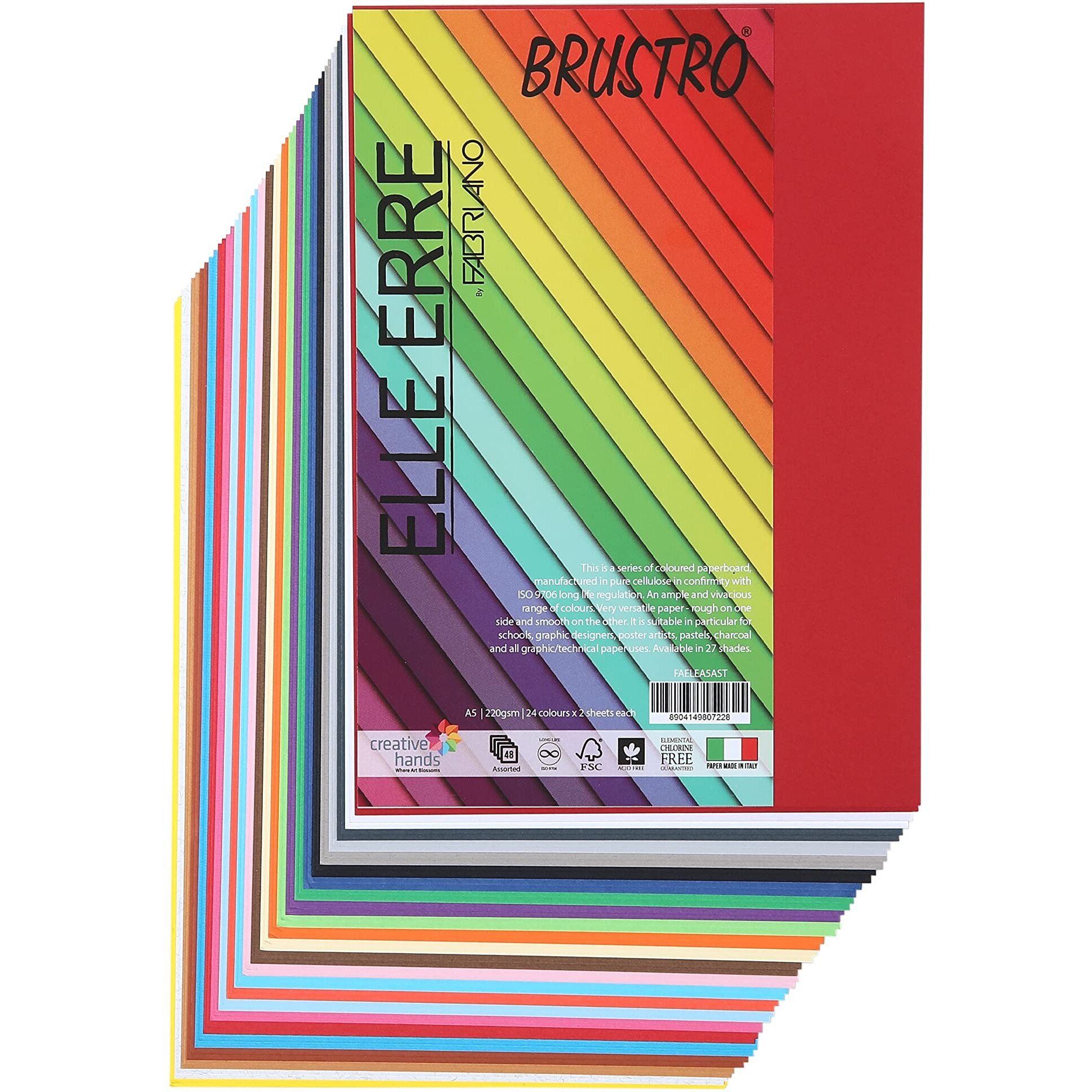 Brustro Elle Erre Coloured Card Stock Craft Paper A5 Size,220 Gsm Assorted Colour, Pack Of 24 Shades X 2 Sheets (Total 48 Sheets).|Ideal For Schools,Poster Artists With Pastel,Charcoal,Calligraphy,Pen