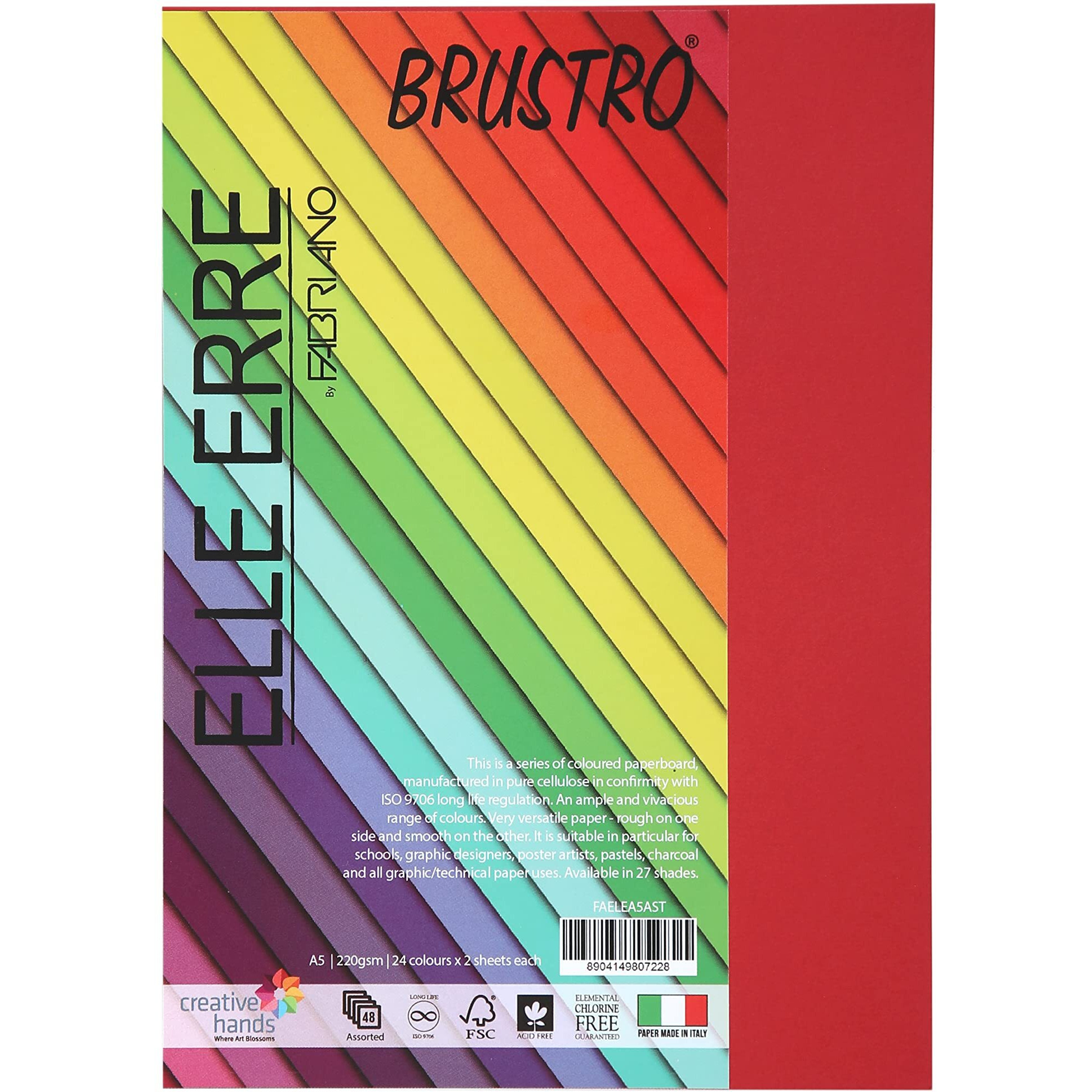 Brustro Elle Erre Coloured Card Stock Craft Paper A5 Size,220 Gsm Assorted Colour, Pack Of 24 Shades X 2 Sheets (Total 48 Sheets).|Ideal For Schools,Poster Artists With Pastel,Charcoal,Calligraphy,Pen