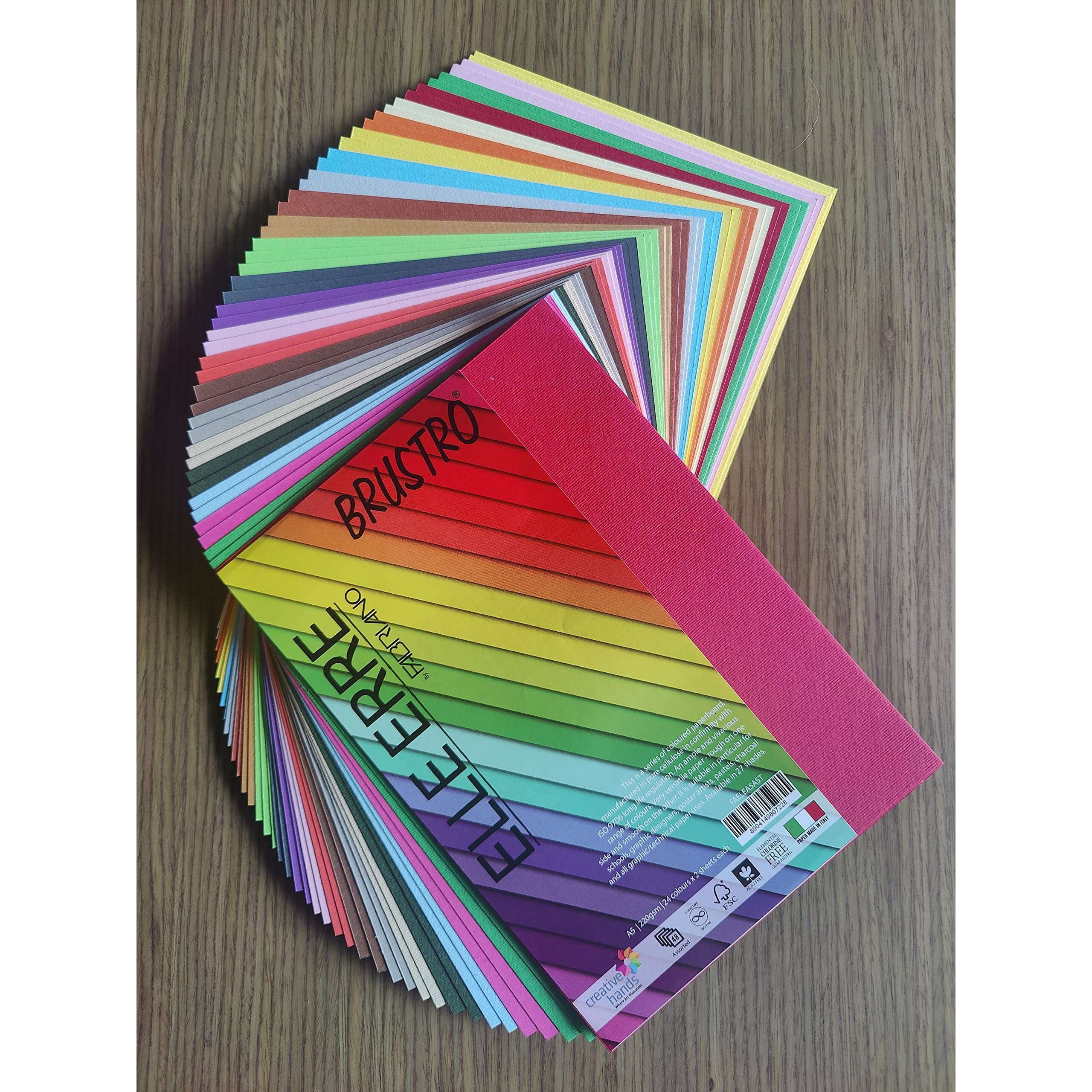 Brustro Elle Erre Coloured Card Stock Craft Paper A5 Size,220 Gsm Assorted Colour, Pack Of 24 Shades X 2 Sheets (Total 48 Sheets).|Ideal For Schools,Poster Artists With Pastel,Charcoal,Calligraphy,Pen
