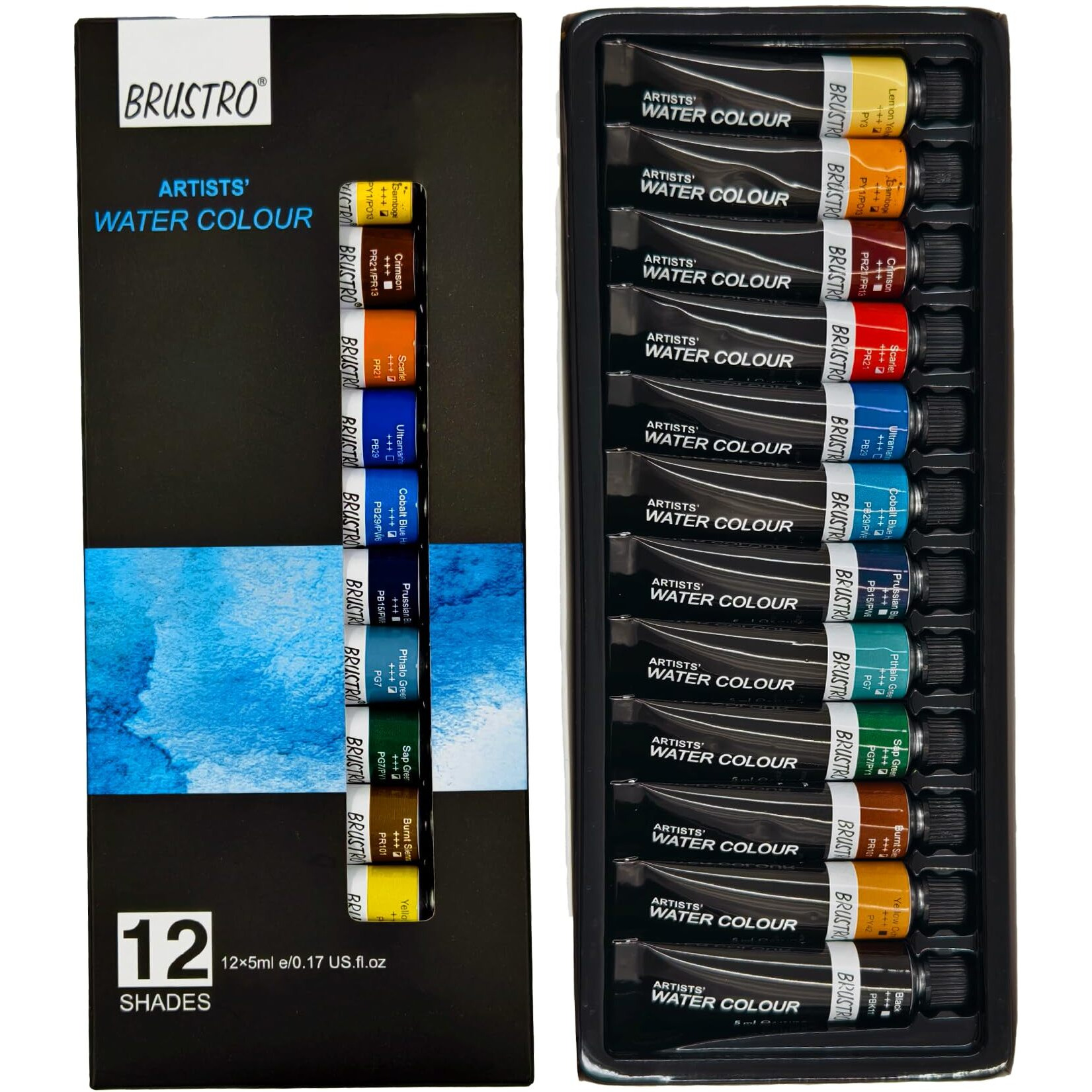 Brustro Artist's Watercolour Paint |5Ml Tubes Set Of 12 Colours| Ideal For Landscape, Portrait, Paper, Painting, Artist, Professional Watercolor, Transparent Colors, Painting Dry & Wet, Fine Art