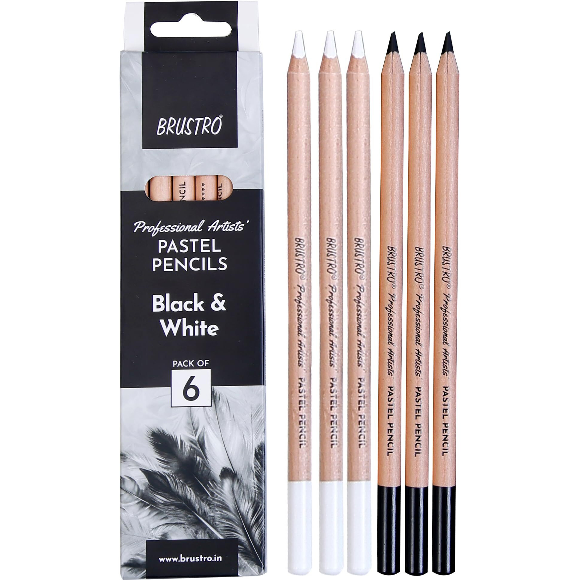 Brustro Artists Pastel Colored Pencils - Set Of 6 (3 Black And 3 White) - 4Mm Lead | Break Resistant, Erasable, Highly Pigmented, Vibrant Colours | Ideal For Drawing,Sketching,Mandala,Shading,Portrait