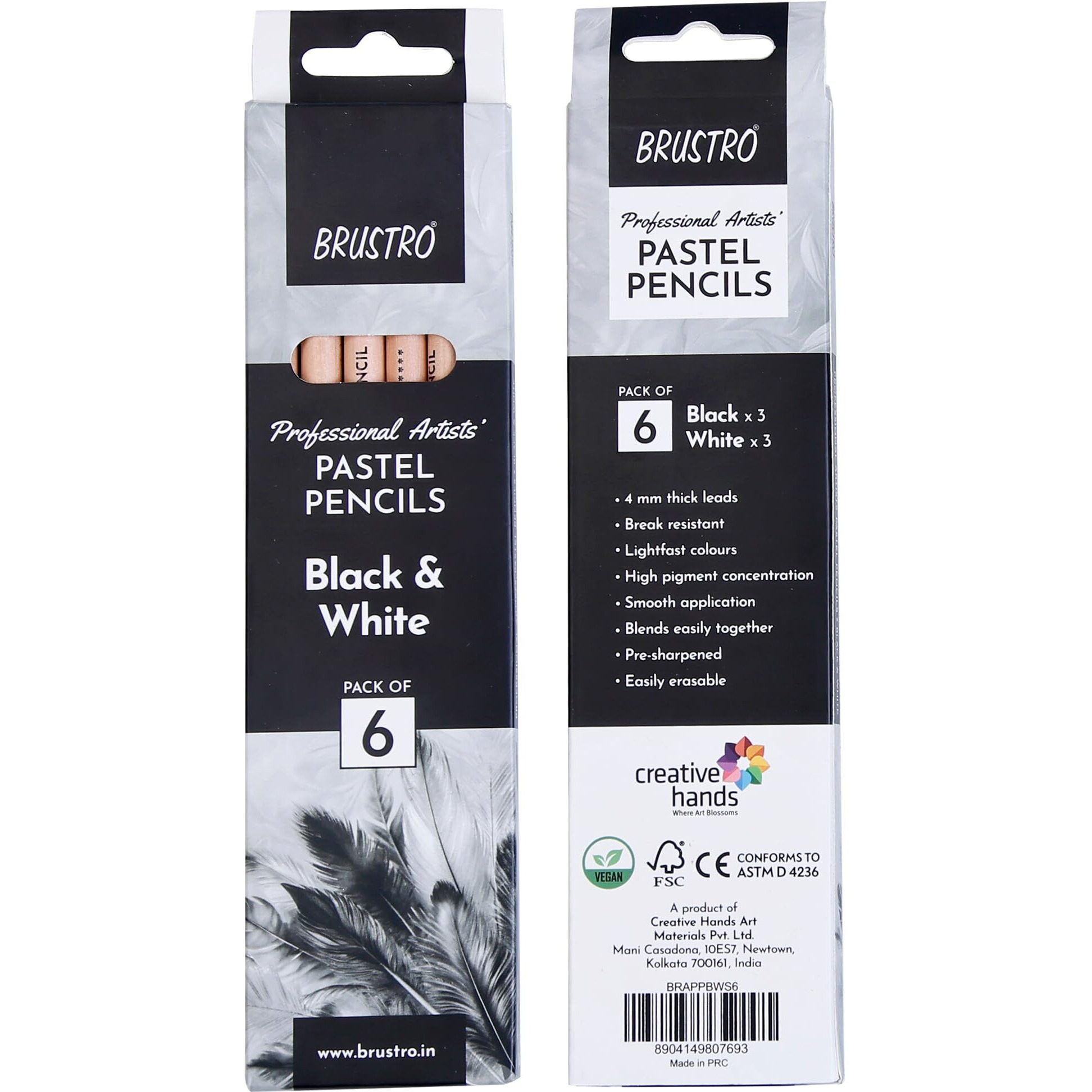 Brustro Artists Pastel Colored Pencils - Set Of 6 (3 Black And 3 White) - 4Mm Lead | Break Resistant, Erasable, Highly Pigmented, Vibrant Colours | Ideal For Drawing,Sketching,Mandala,Shading,Portrait