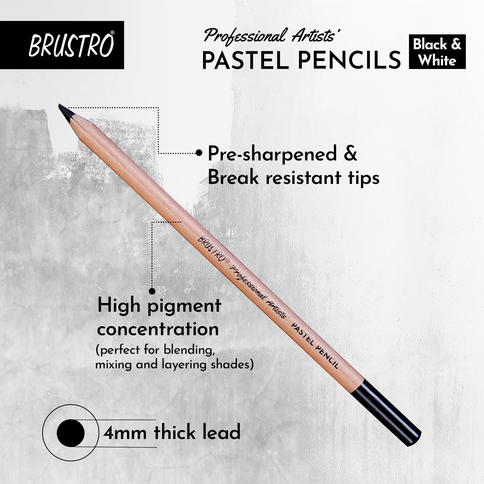 Brustro Artists Pastel Colored Pencils - Set Of 6 (3 Black And 3 White) - 4Mm Lead | Break Resistant, Erasable, Highly Pigmented, Vibrant Colours | Ideal For Drawing,Sketching,Mandala,Shading,Portrait
