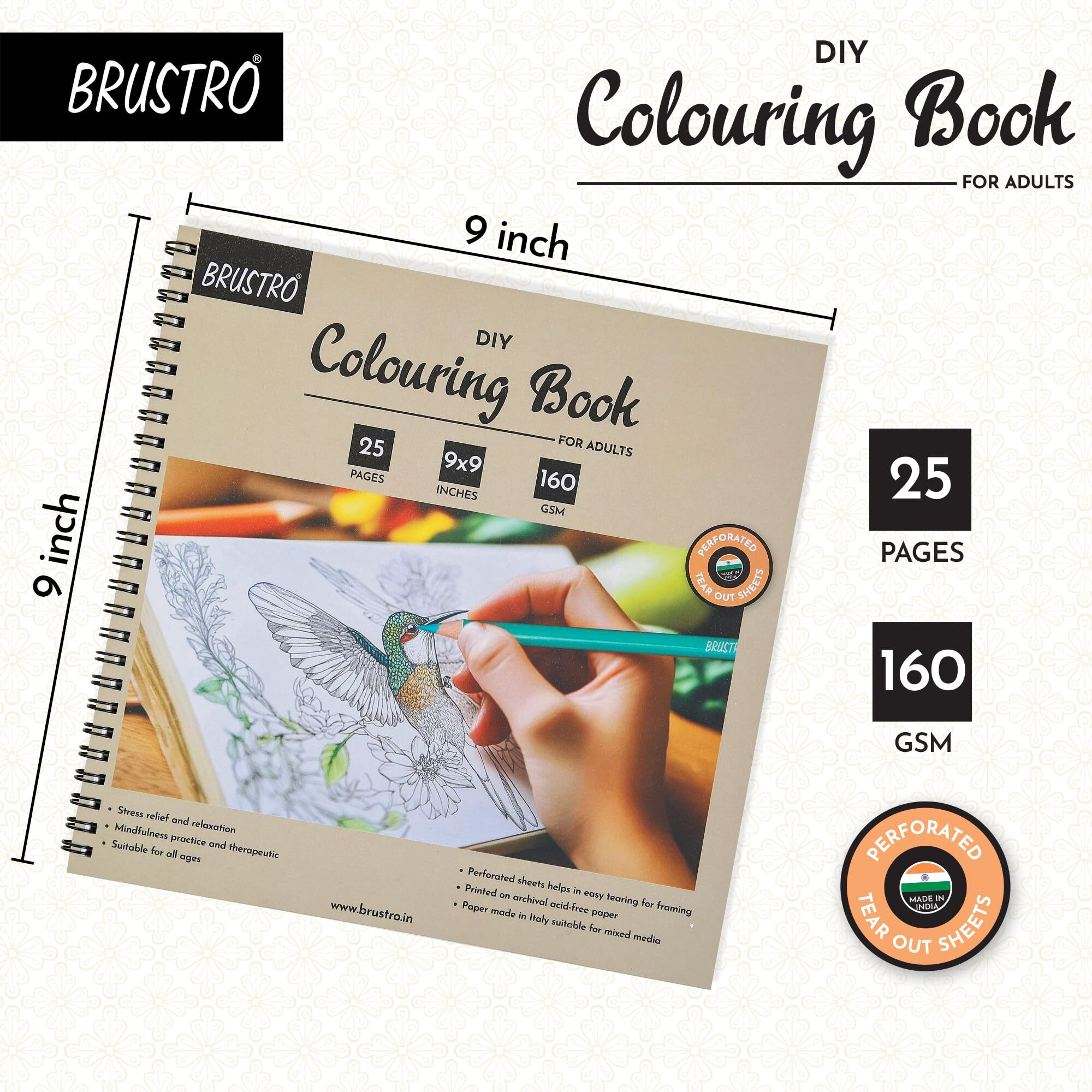 Brustro Diy Colouring Book For Adults | 9X9 Inches, 160 Gsm, 25 Perforated Sheets | Ideal For Fineliners, Colour Pencils, Brush Pens, Markers.