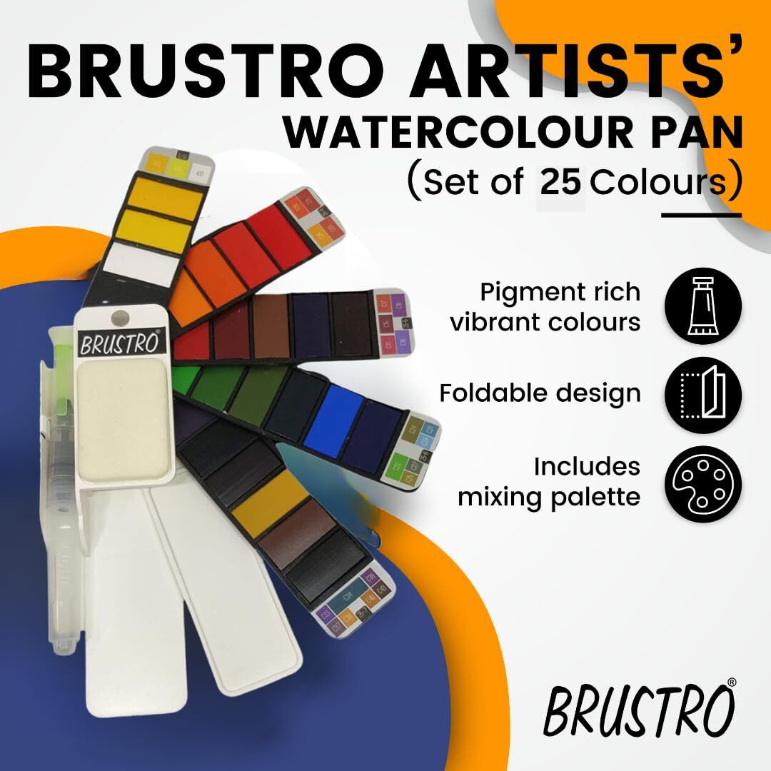 Brustro Artists Watercolour Travel Pan Set Of 25 Colours | Foldable, Rich Pigment, Vibrant Colors, Ideal For Plein Air Painting, Professional Use, Fine Art Students (Includes Mixing Palette)
