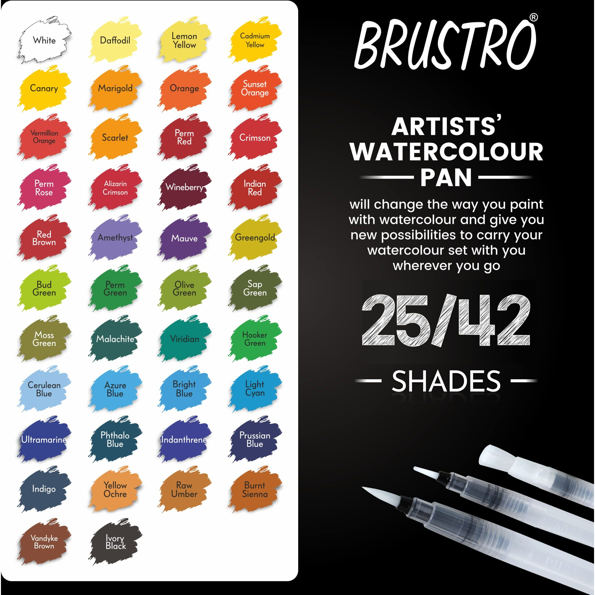 Brustro Artists Watercolour Travel Pan Set Of 25 Colours | Foldable, Rich Pigment, Vibrant Colors, Ideal For Plein Air Painting, Professional Use, Fine Art Students (Includes Mixing Palette)