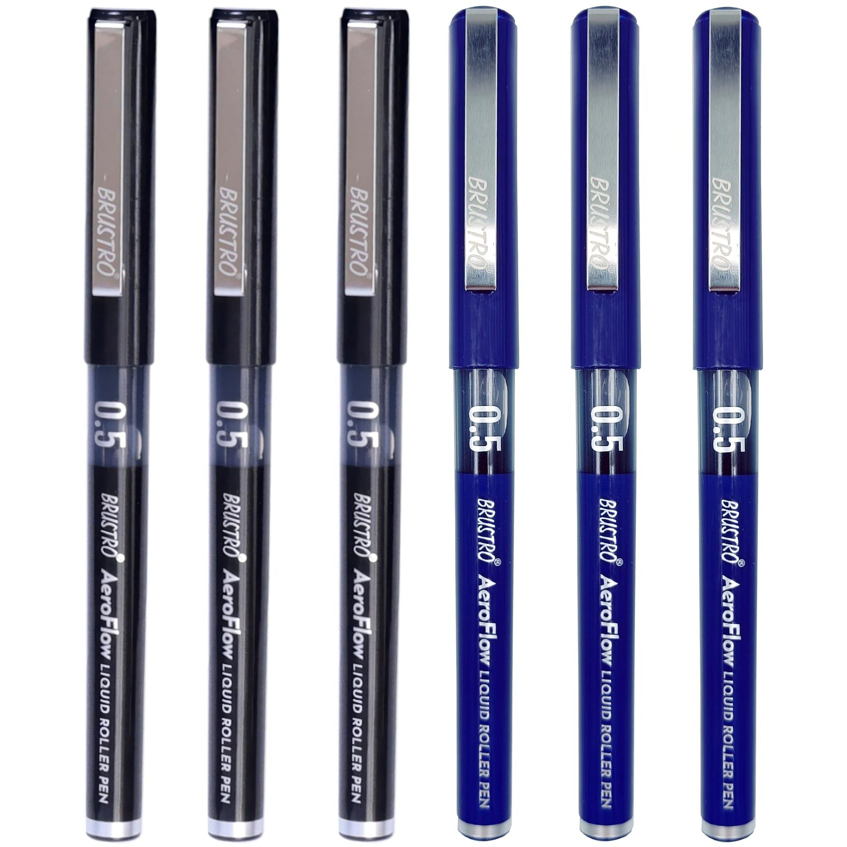 Brustro Aeroflow Liquid Ink Rollerball Pens| 3 Black & 3 Blue | Total Pack Of 6 | 0.5Mm, Micro Tip | Ideal For Students, Professionals, Office, Exam Use, Accurate Smooth Writing, Fade Resistant