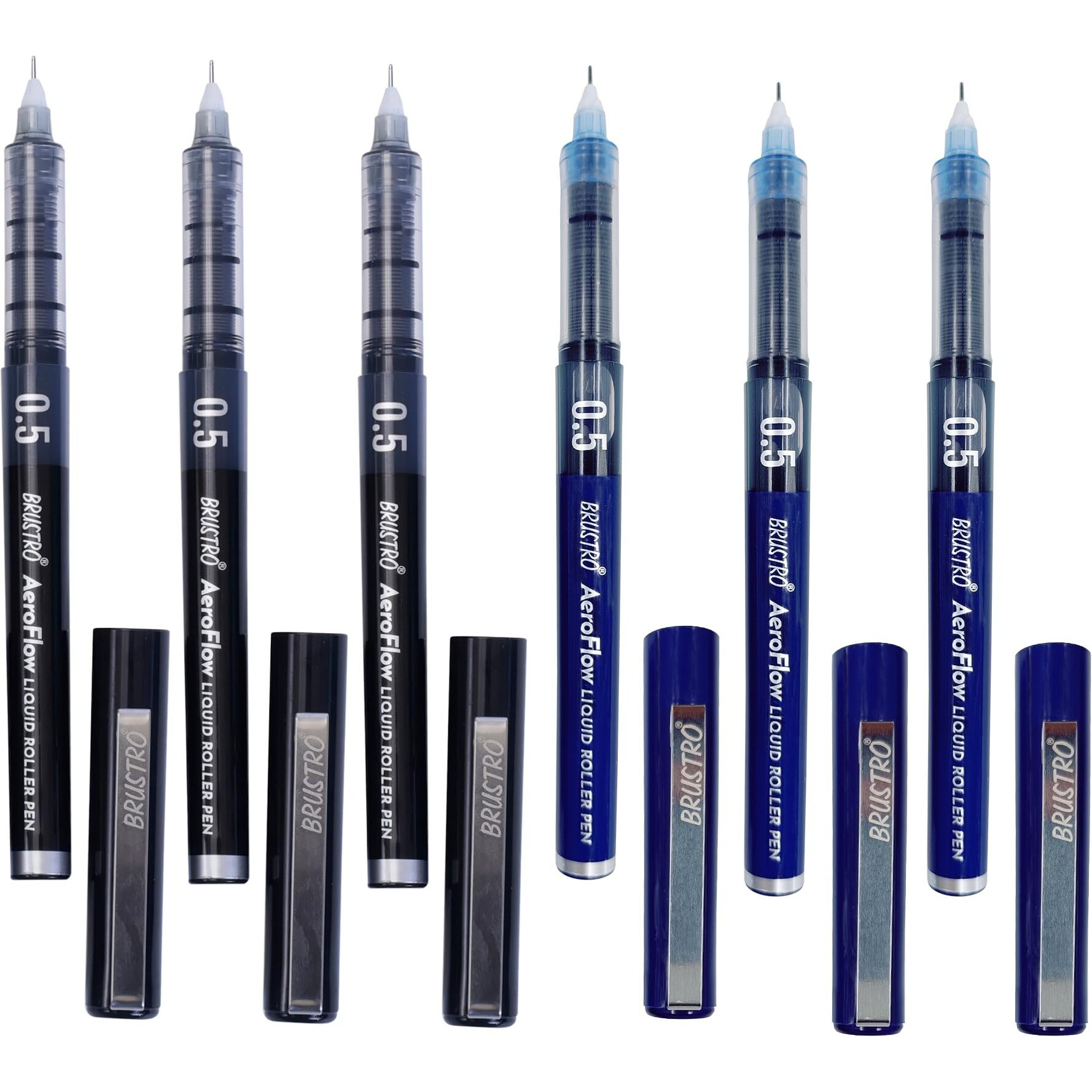 Brustro Aeroflow Liquid Ink Rollerball Pens| 3 Black & 3 Blue | Total Pack Of 6 | 0.5Mm, Micro Tip | Ideal For Students, Professionals, Office, Exam Use, Accurate Smooth Writing, Fade Resistant