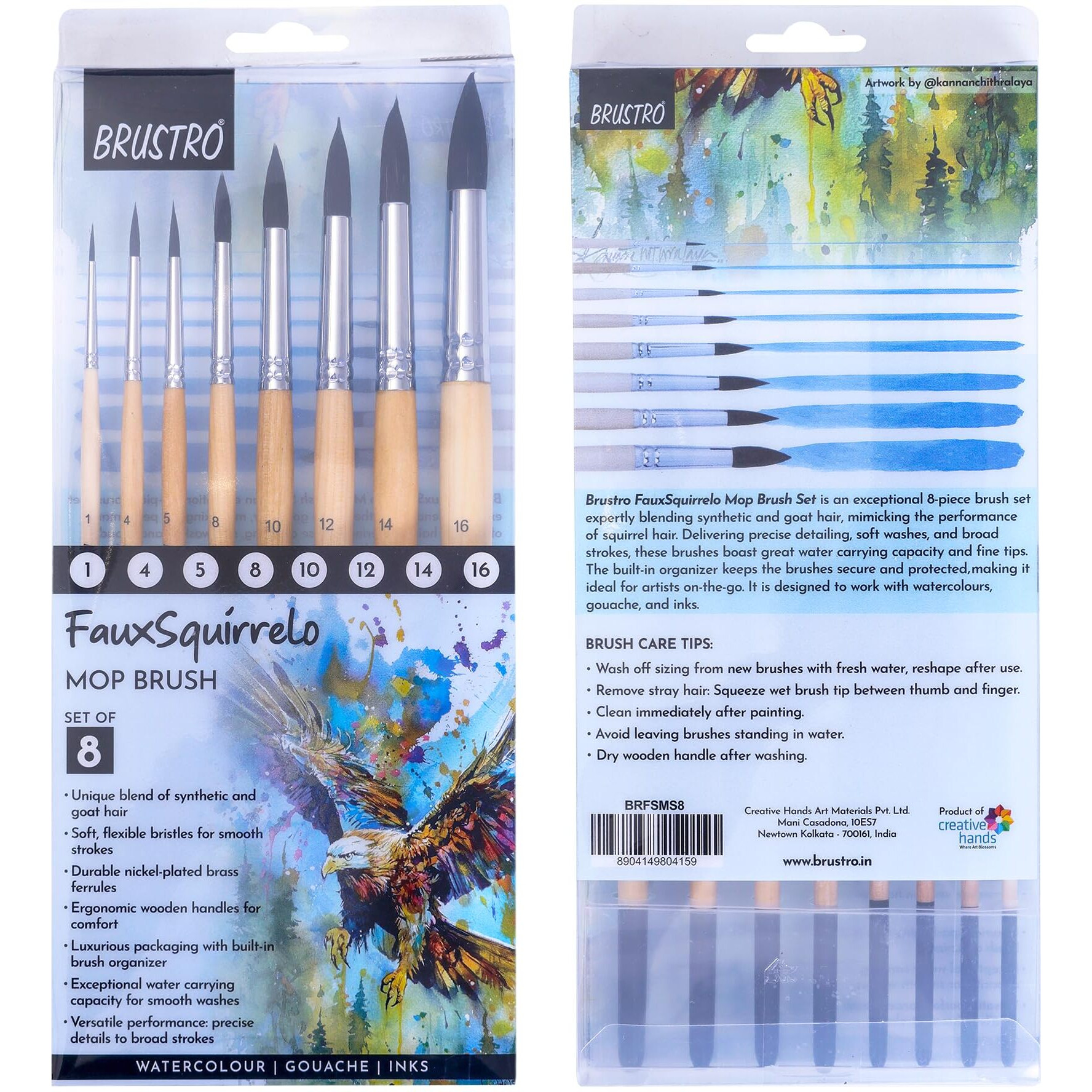 Brustro Faux Squirrelo Mop Brush | Round, Set Of 8 (Size- 1,4,5,8,10,12,14,16) | Synthetic And Natural Bristles, Short And Wooden Handle, Ideal For Watercolor, Gouache, Inks, Professional Artists