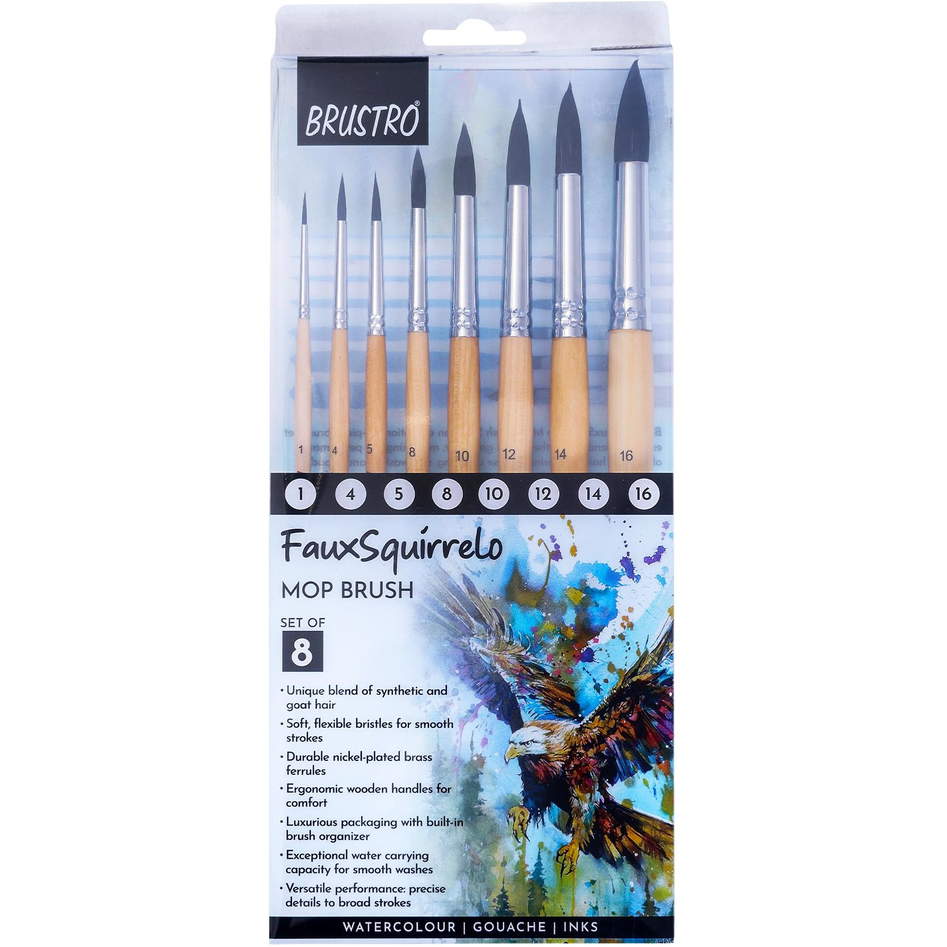 Brustro Faux Squirrelo Mop Brush | Round, Set Of 8 (Size- 1,4,5,8,10,12,14,16) | Synthetic And Natural Bristles, Short And Wooden Handle, Ideal For Watercolor, Gouache, Inks, Professional Artists